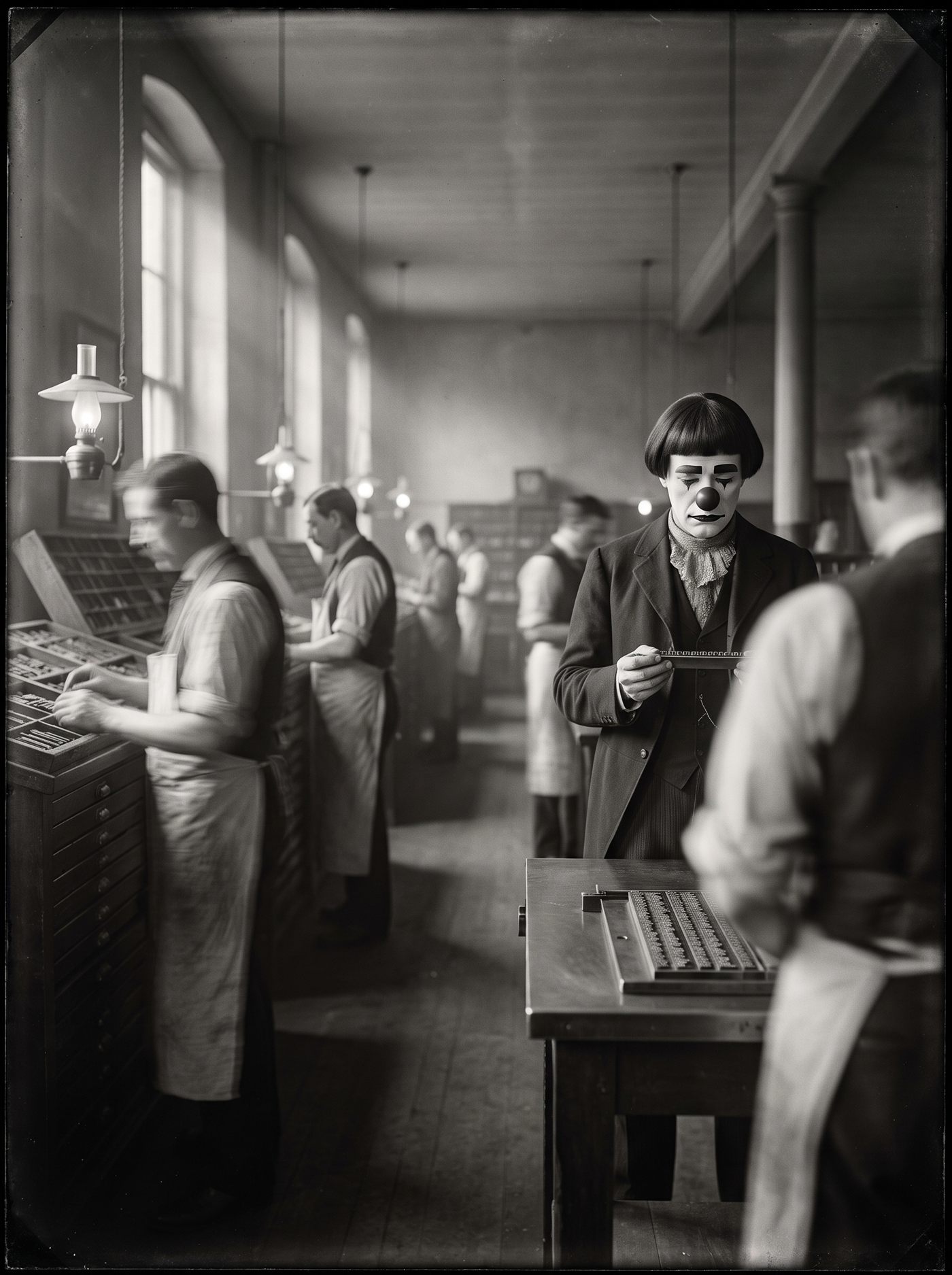 A monochrome glass-plate photograph of a newspaper composing room in 1896. Ranks of type cases run down both sides of a long room lit by gas mantles on wall brackets and one shaft of daylight from a high window. The compositors working at the cases are smeared into translucent ghosts by the long exposure, their arms doubled and their faces erased. In the middle distance a clown in heavy white greasepaint, a dark bowl-cut wig, a dark ball nose and a pale ruffled collar stands perfectly still with a composing stick held in both hands at his waist, chin lowered, reading what he has just set. He is the only sharp figure in the room. In the out-of-focus foreground the flat steel imposing stone carries a locked-up block of type.