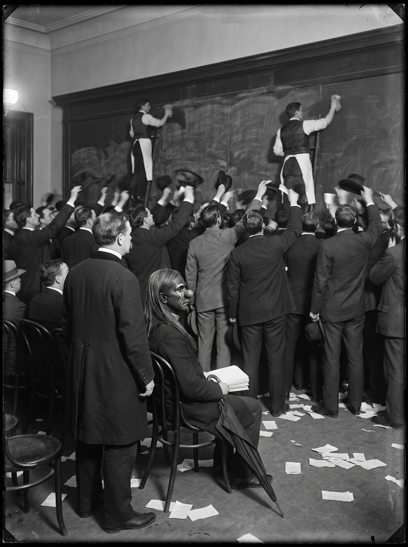 A monochrome glass-plate photograph of a brokerage board room in 1901. A crowd of men in dark suits and bowler hats presses toward a high slate quotation board along the far wall, arms raised and order slips held up, while two board boys work across it on ladders and loose paper covers the floor. Gas globes hang from the ceiling. In the near middle of the frame a clown with a very dark painted face, pale chevrons below the eyes, a pointed beard and long flat hair sits alone on a bentwood chair, the only person in the room who is not standing, a furled umbrella laid across his knees and his own papers squared in a neat stack beside him, his head turned in profile toward the board.