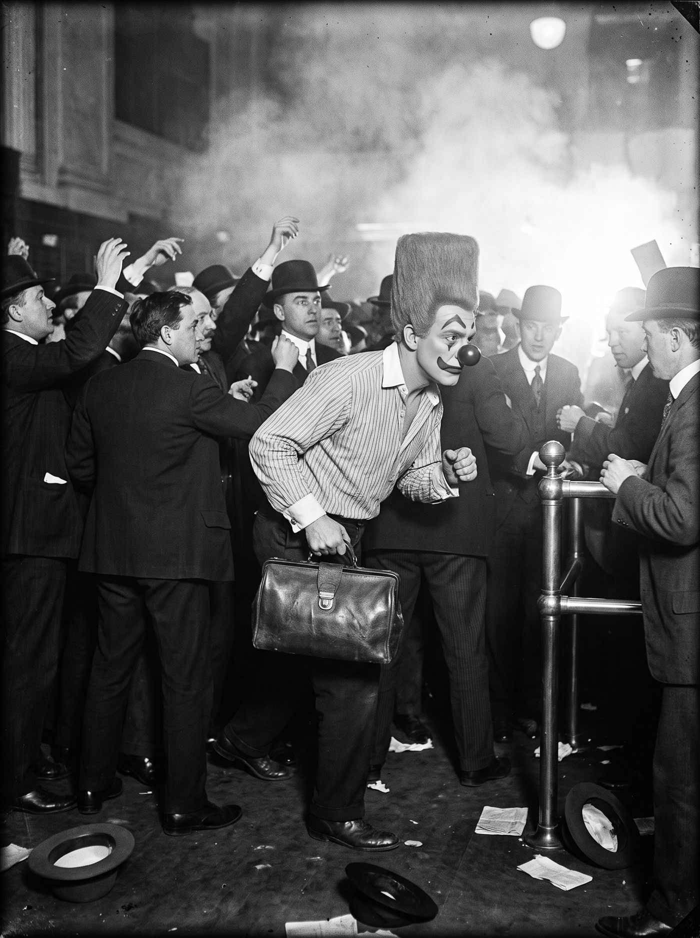 A monochrome press photograph made with magnesium flash powder on the floor of the New York Stock Exchange in 1907. The flash blows the nearest faces to paper white and falls away into blackness a few feet behind them, and a haze of magnesium smoke hangs across the upper part of the frame. Men in dark suits are packed three and four deep around a brass-railed post with their hands raised; hats lie trodden on the floor. Cutting diagonally through them, mid-stride with his weight on one foot, is a clown whose mid-grey painted face stops in a hard line at the jaw, with black chevrons pointing up over the eyes, a dark ball nose and a tall rectangular flat-top wig, his shirtsleeves shoved up and his collar open, a heavy leather satchel gripped swinging in one fist. Nobody is getting out of his way.