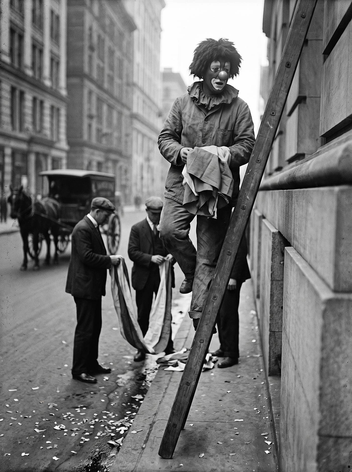 A monochrome press photograph looking up from the pavement at a wooden ladder propped against a stone building on a bright cold morning in November 1919. Two men on the pavement below fold a long length of bunting between them, a horse and wagon stands further along the street, and drifts of old greyed confetti have collected in the gutter. On the ladder, caught mid-step between rungs with a folded bundle of bunting clamped under one arm, is a clown with a dark painted face, two mismatched white ovals around the eyes, a pale ball nose, a round white painted mouth and a shaggy dark mop of hair, wearing a workman's canvas jacket over a ruffled collar. Nobody on the street is watching him.