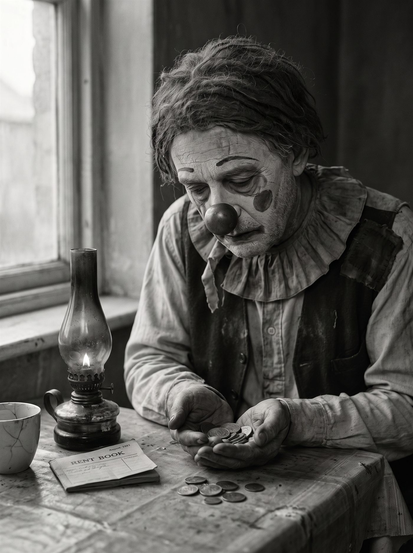 A monochrome photograph of a kitchen table under a window on an overcast August afternoon in 1921. A kerosene lamp burns on the worn oilcloth in the middle of the day, and beside it lie a folded book, a cracked cup and a scatter of coins. A gaunt elderly clown sits at the table with his head bowed deeply over his own cupped hands, tipping coins slowly from one palm into the other, counting them. His ash-pale greasepaint is cracked like old plaster and failing along the jaw, the crescents under his eyes are smudged and drooping, his ball nose is matte and tarnished rather than glossy, and a torn pleated ruff hangs loose at his neck. He is alone in the room.