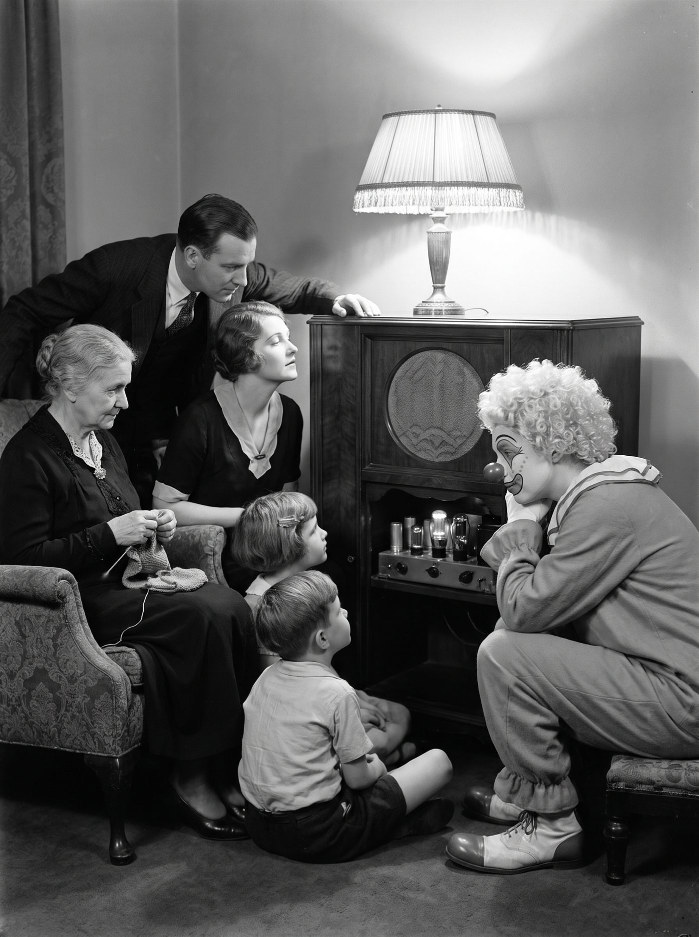 A monochrome photograph of a front parlour on a March evening in 1928, taken on fast film by available lamplight. A family is gathered close around the front of a large wooden radio cabinet: a man leaning forward on his forearms, a woman with her chin lifted, children on the rug, an older woman with her knitting gone still in her lap. Every one of them is angled toward the cloth grille, listening hard. At the side of the cabinet, in the group but turned the other way, a clown with a pale painted face, dark-outlined wings swept over the eyes, a ball nose and a bright halo of tight white curls leans in toward the machine's open back, looking at the glowing valves. Nobody else has noticed there is a back to it.