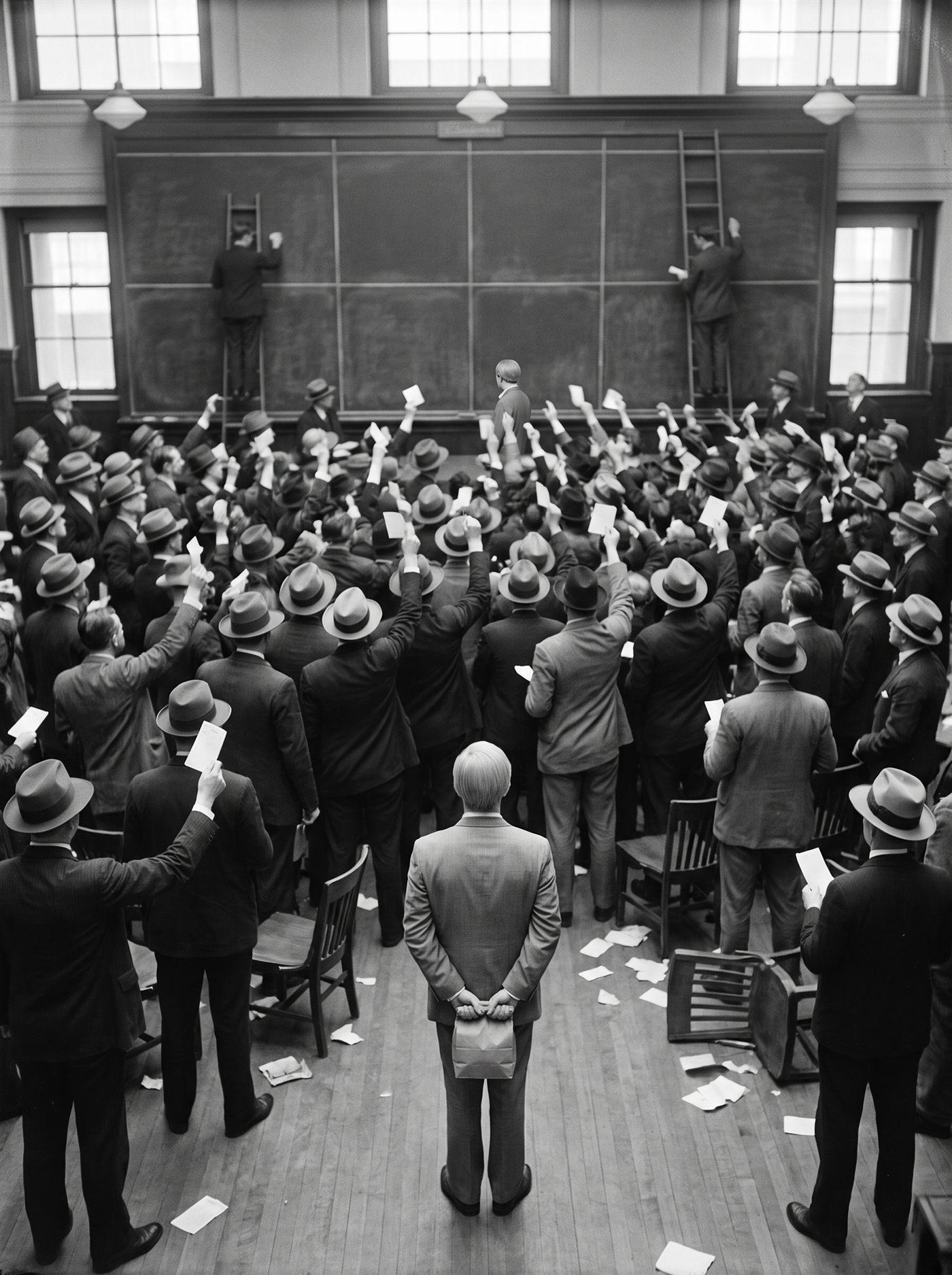 A monochrome photograph taken from a high gallery looking steeply down into a crowded brokerage board room in March 1929. The floor is a solid mass of men in suits and hats all pressed forward toward a wall-high slate quotation board where board boys work on rolling ladders, arms up, order slips held over heads, chairs overturned behind them and paper trodden across the boards. At the very back of the room, with clear floor around him where everyone else has moved forward, a slight figure in a suit stands completely still, seen from above and directly behind so that none of his face is visible, only the crown of his neatly parted hair, his shoulders, and his hands behind his back gripping the rolled top of a small plain paper bag that has no handles. He is the only person in the room who has not moved toward the board.