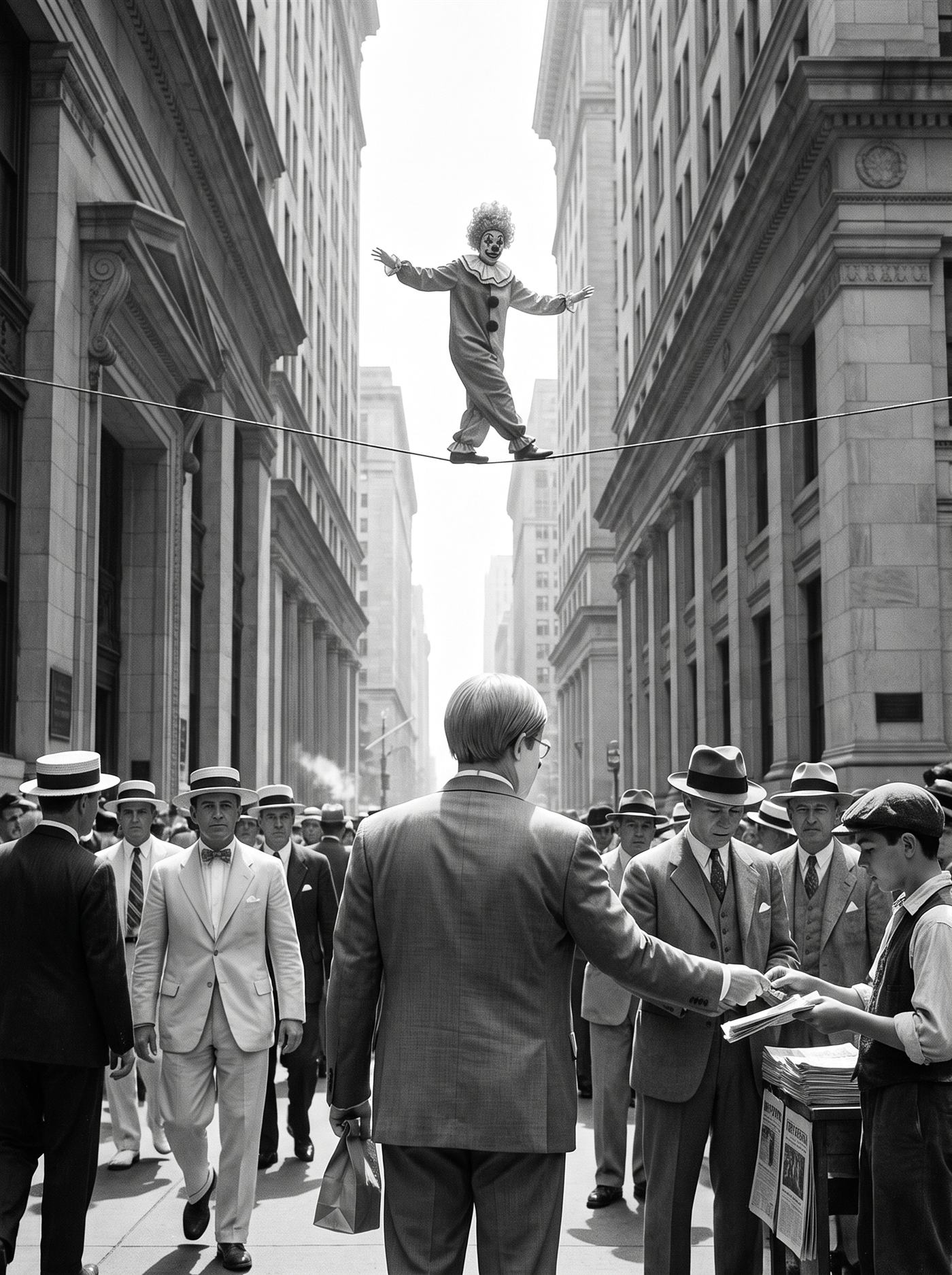 A black-and-white photograph of a narrow financial-district street on a shimmering hot September morning in 1929, taken from street level looking up. High between the cornices of two tall buildings, tiny against the white sky, a clown in a pale ruffled costume and a towering wig of tight curls crosses a thin wire — arms out level, one foot before the other, at the exact middle of the span, the highest point in the picture. Below, the sidewalk seethes: men in straw boaters crowd a newsboy's stand, buying; a man in a too-big grey suit, seen from behind with his head slightly turned, a small paper bag at his waist, hands over his coin at the front of the crowd. Not one face on the street is raised. She crosses the top of the world unwitnessed.
