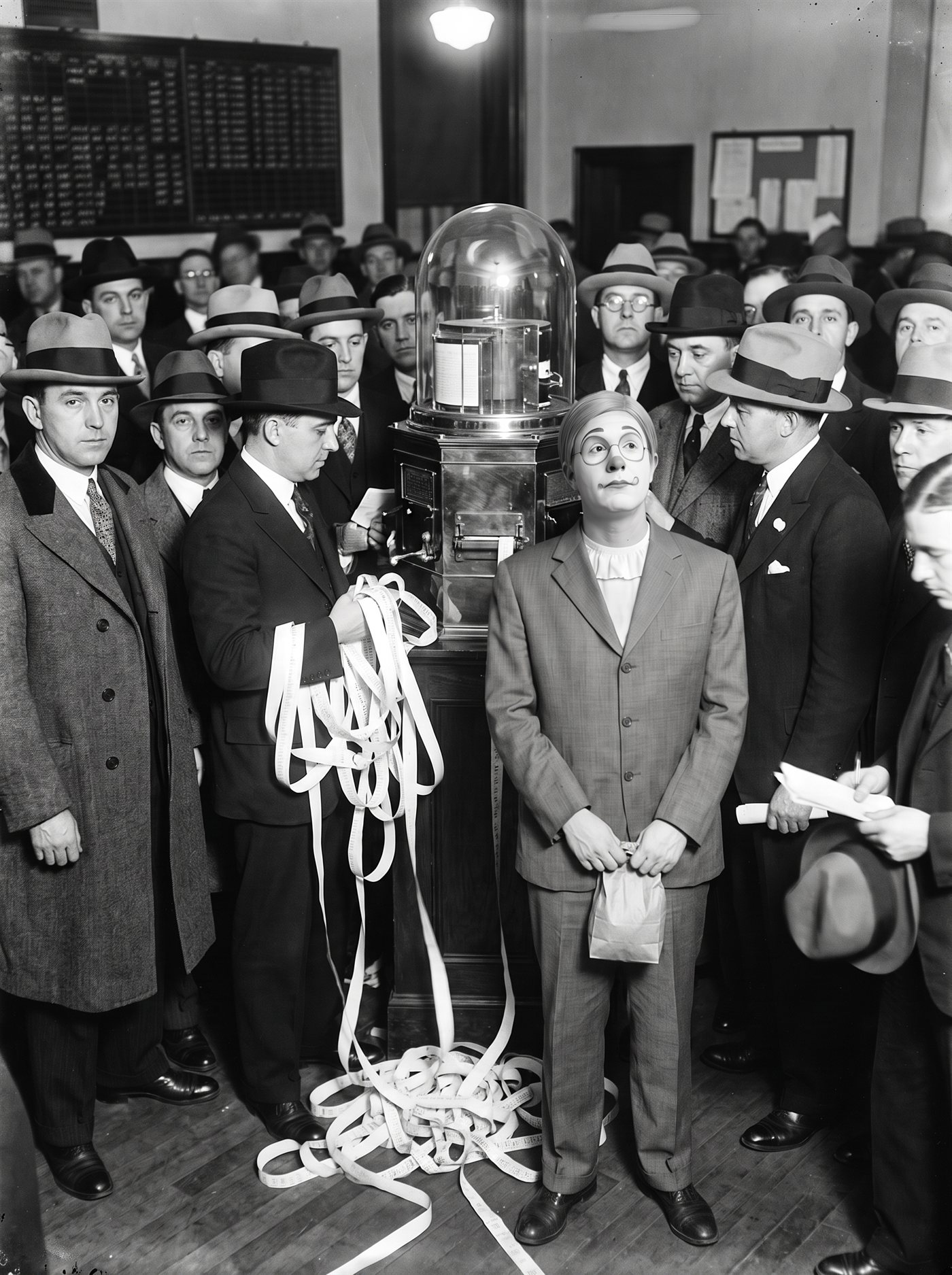 A black-and-white press photograph of a stockbroker's customers' room on the afternoon of Thursday, October 24, 1929. A dense crowd of men in hats and overcoats presses around a stock ticker under its glass dome; overflowed ticker tape lies in drifts and coils on the floor, and a clerk holds an armful of it. The chalk quotation board on the back wall carries no words, only worn smudged figures. Beside the machine stands a man in full clown greasepaint — painted spectacle rings, a pale side-parted wig, a too-big sack suit with a ruffled collar — the only face not turned toward the tape: chin lifted, he watches the ticker itself, a small paper sack held closed in both hands at his waist. Nobody finds him remarkable.