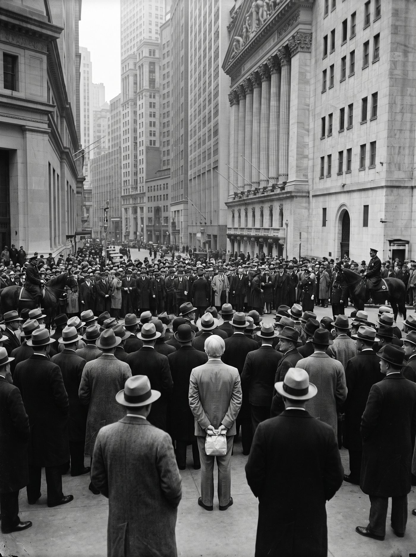 A black-and-white press photograph of Broad Street outside the New York Stock Exchange on the grey afternoon of Monday, October 28, 1929. A dense crowd of hundreds of men in dark overcoats, fedoras and flat caps fills the street from edge to edge, all standing still, all facing the Exchange's columned facade — waiting for news that is not coming. Mounted policemen stand at the crowd's edge as still as the crowd; the tall buildings close the street in like canyon walls under a low lead sky. Among the hundreds of hat brims all angled the same direction, small in the middle distance and seen from behind, stands a man in a too-big sack suit with a pale side-parted head of hair, a small paper sack held closed in both hands at his waist. Nobody finds him remarkable.