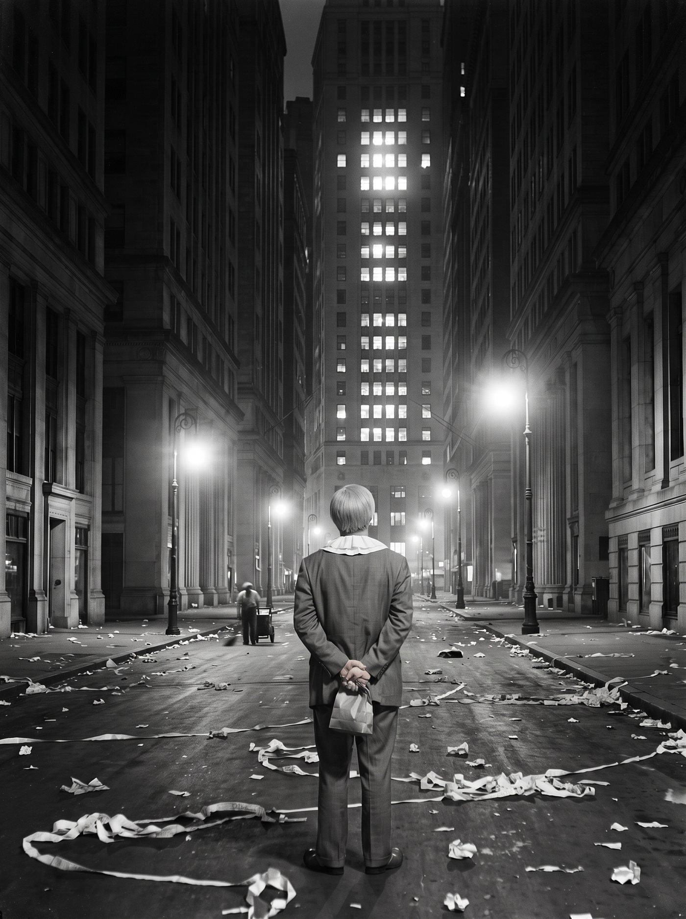 A black-and-white night photograph of the narrow canyon of Wall Street late on Tuesday, October 29, 1929, hours after the close. The street is empty. Torn ticker tape and crumpled paper lie in drifts along the gutters and sidewalks, catching the streetlamp light; strands of tape hang from a lamppost; a lone street-sweeper works far in the background. Every window in the tall buildings is dark except one tower halfway down the block, where a single full column of windows burns bright from street to roofline — the clerks, working past midnight. Alone in the middle of the street, small among the drifts of paper and seen from behind, stands a man in a too-big sack suit, perfectly still, his face lifted toward the lit windows, his hands clasped behind his back holding a small paper sack.