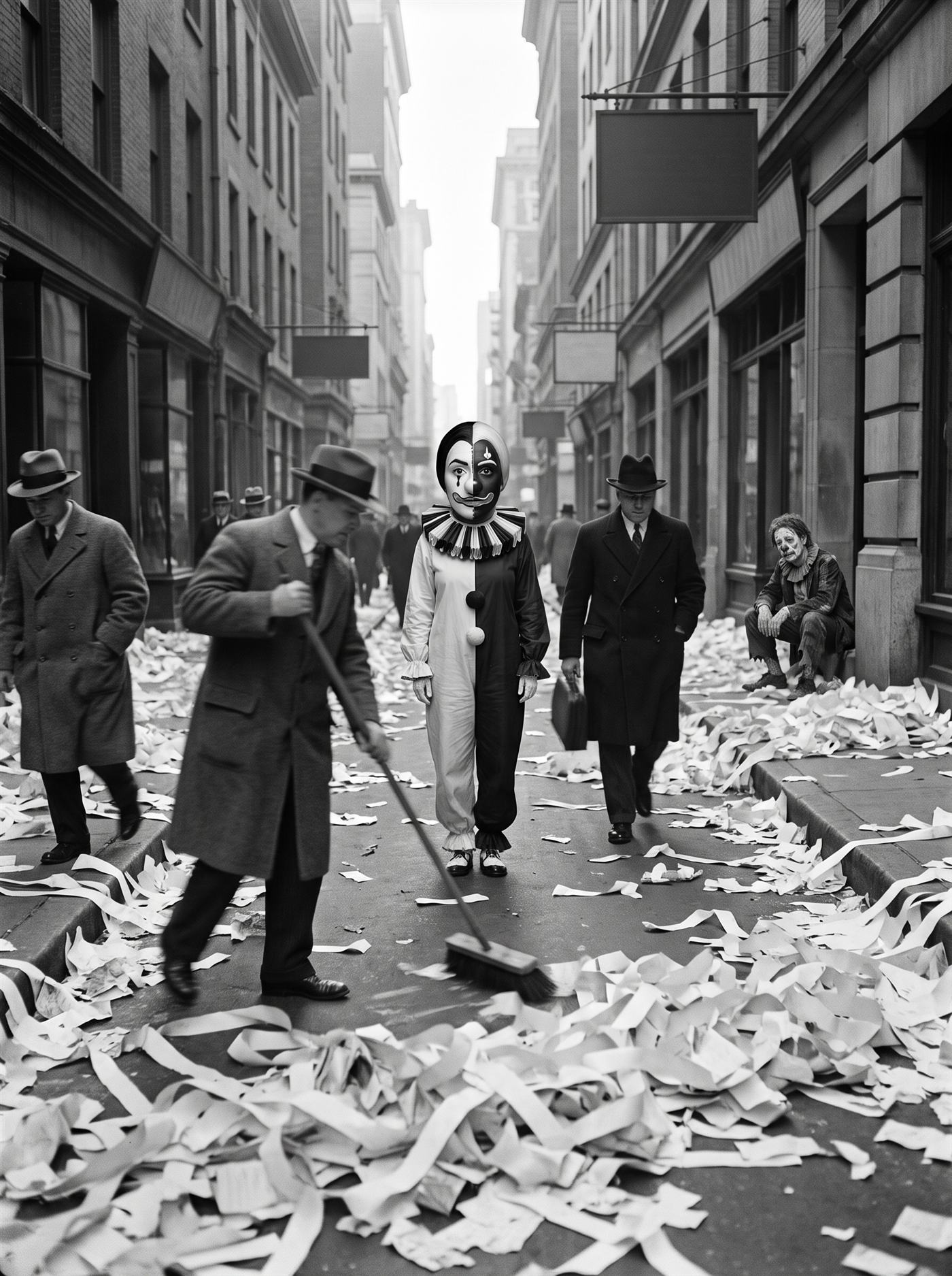 A black-and-white photograph of a narrow financial-district street early on a cold bright morning in 1929, the morning after the worst day anyone can remember. Street sweepers push enormous drifts of blank ticker tape and torn paper off the pavement while men in overcoats hurry past, heads down. In the middle of the street, in the swept-clear lane between the paper drifts, stands a woman clown whose painted face is split down the center — one half pale, one half dark, a glossy seam between, her mouth painted as a single wave that falls on the pale side and rises on the dark — in a two-tone ruff and a half-and-half costume, perfectly still, facing down the street with the low sun lighting the rising half of her mouth. Far behind her, small, a gaunt old clown in a ruined ruff sits on the curb with his feet in the paper, looking at nothing. Nobody looks at either of them.