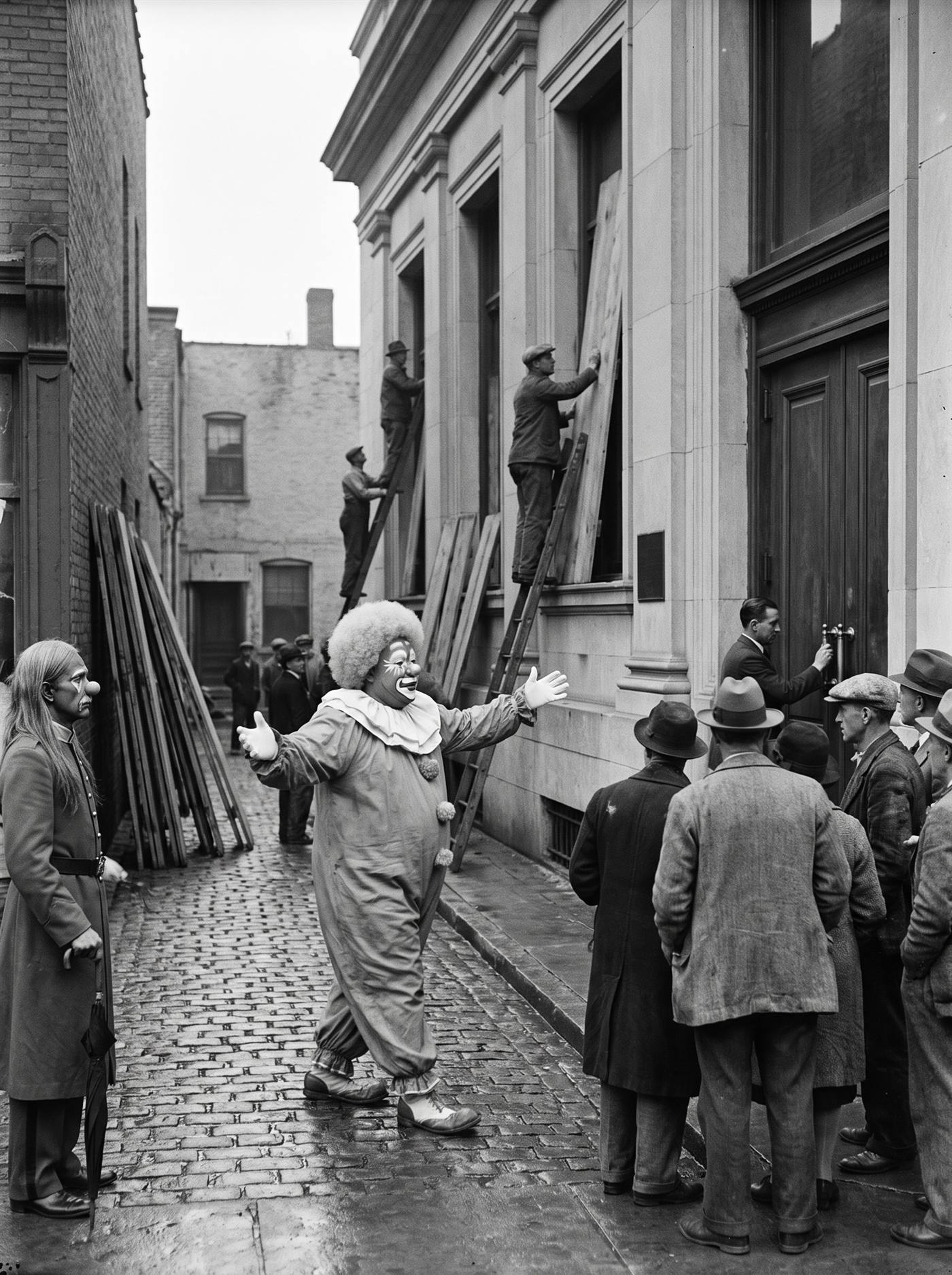 A black-and-white photograph of a small-town bank on a grey October morning in 1931, taken from a cobbled side street. Workmen on ladders are taking the protective wooden boards down off the bank's tall windows; more boards lean stacked against the brick wall of the alley. A crowd of townspeople in worn coats watches from the sidewalk, seen mostly from behind, arms crossed, unconvinced. Up the middle of the street strides an enormous clown in a pale ruffled collar and a pale pom-pom costume with a huge pale afro, arms flung wide, mid-laugh, as if he personally has ended the hard times. At the far left edge of the frame a lean long-haired clown in a buttoned military-collar coat stands in profile, both hands folded on the handle of a closed umbrella, watching not the bank but the stacked boards in the alley.