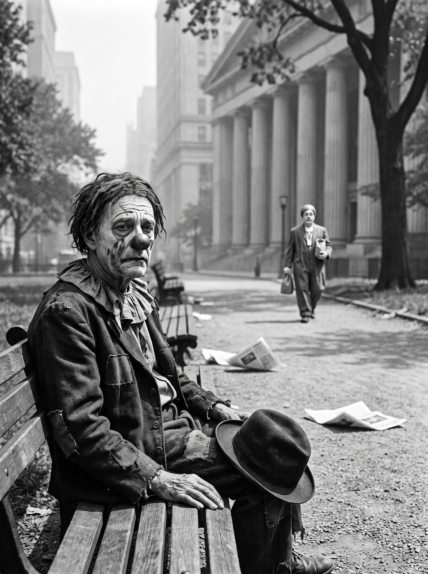 A black-and-white press photograph of a small city park near the financial district on a hazy July morning in 1932. An empty gravel path runs into the depth of the frame between drought-tired trees, columned exchange buildings soft in the distance. On a slatted bench sits a gaunt old man in ruined clown makeup — cracked ash-white paint, coin-like smears down one cheek, a torn ruff over a patched coat — upright and still, his hat on his knee, one hand resting flat on the conspicuously empty half of the bench beside him, as if keeping the place. Newspaper pages drift along the gravel. At the very far end of the path, small and out of focus, a young man in a too-big suit carrying a small paper sack has just entered the frame, walking toward the bench, not yet noticed.