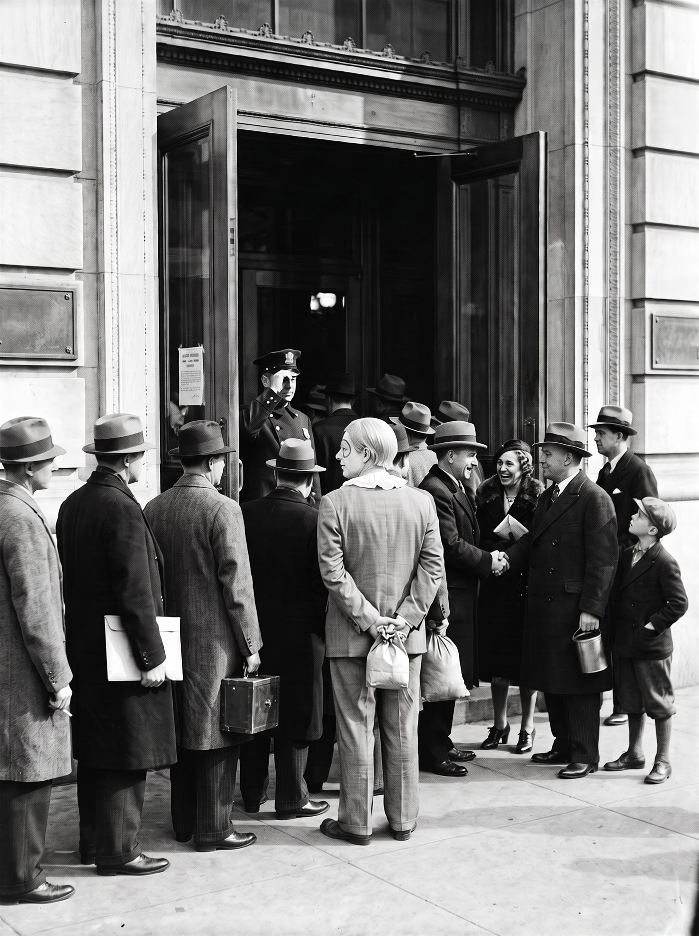 A black-and-white press photograph of the sidewalk outside a grand stone bank on a bright cold March morning in 1933, the first morning it has been open in eleven days. The tall bronze doors stand folded open and a uniformed guard tips his cap as people pass. A long orderly queue of men and women in overcoats and hats files INTO the bank, many carrying things inward — envelopes held to chests, a strongbox under one arm, a woman with a coffee tin in both hands. Two men in the line shake hands; a boy cranes to see the lit teller cages inside. In the middle of the queue, seen from behind, stands a man in a too-big sack suit with a pale side-parted head of hair, holding his own small paper sack closed in both hands at his waist, moving with the line toward the open doors.