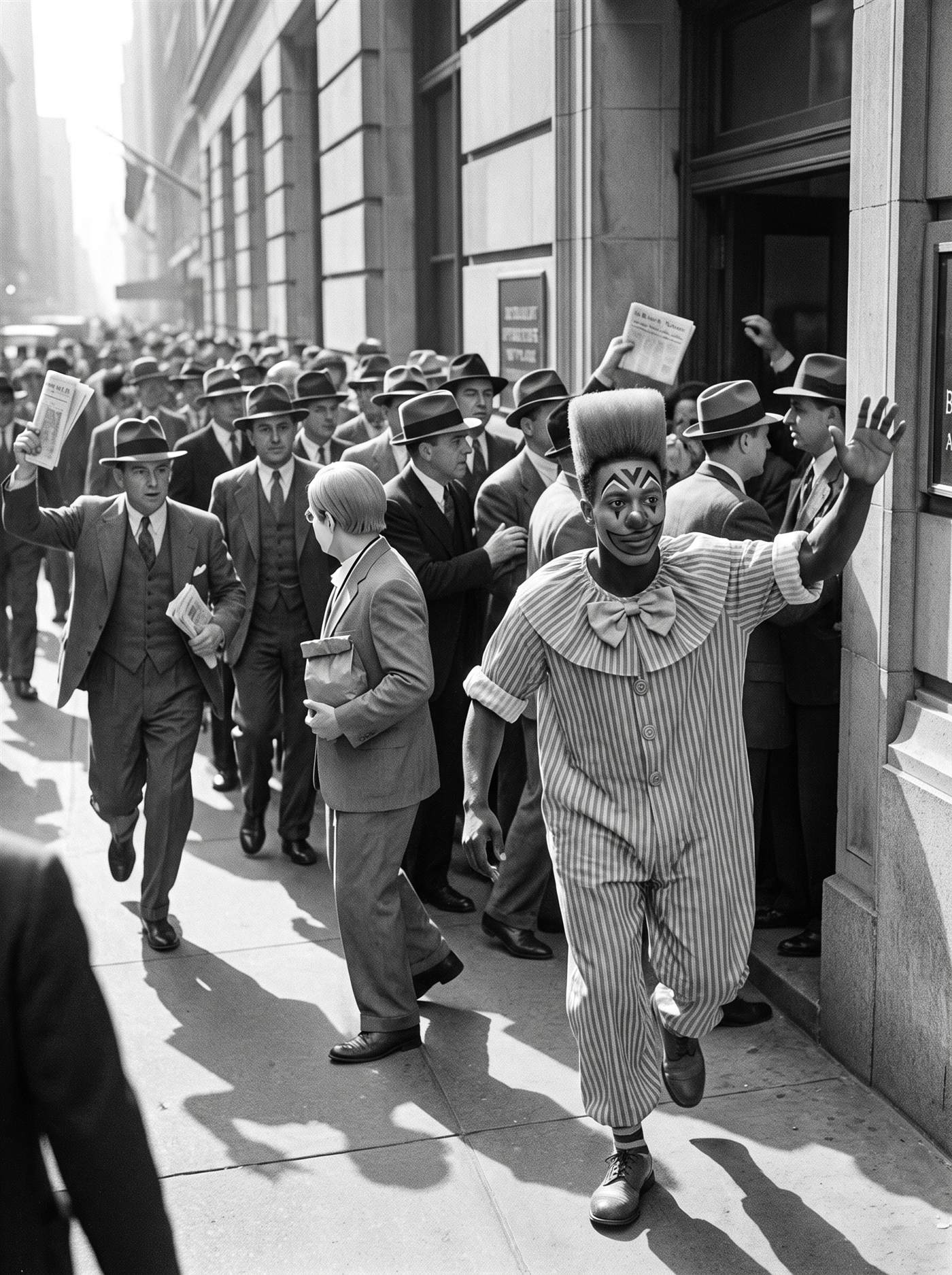 A black-and-white press photograph of a narrow financial-district street on a bright September morning in 1939, a crowd of men in hats pressing toward the tall doorway of a broker's office, coats open, some half-running, one waving a folded newspaper overhead. At the front of the press, a stride ahead of everyone and about to pass through the door, is a tall lean clown in an orange-and-white pinstripe suit with a ruffled collar and an enormous rectangular flat-top wig, one arm thrown up in a beckoning wave to no one behind him — he does not look back. Several places back in the crowd, carried along in it, a smaller man in a too-big grey suit and white clown makeup with painted spectacle rings clutches a small paper bag to his waist with both hands, following. The doorway swallows the front of the line. Nobody looks at the camera.
