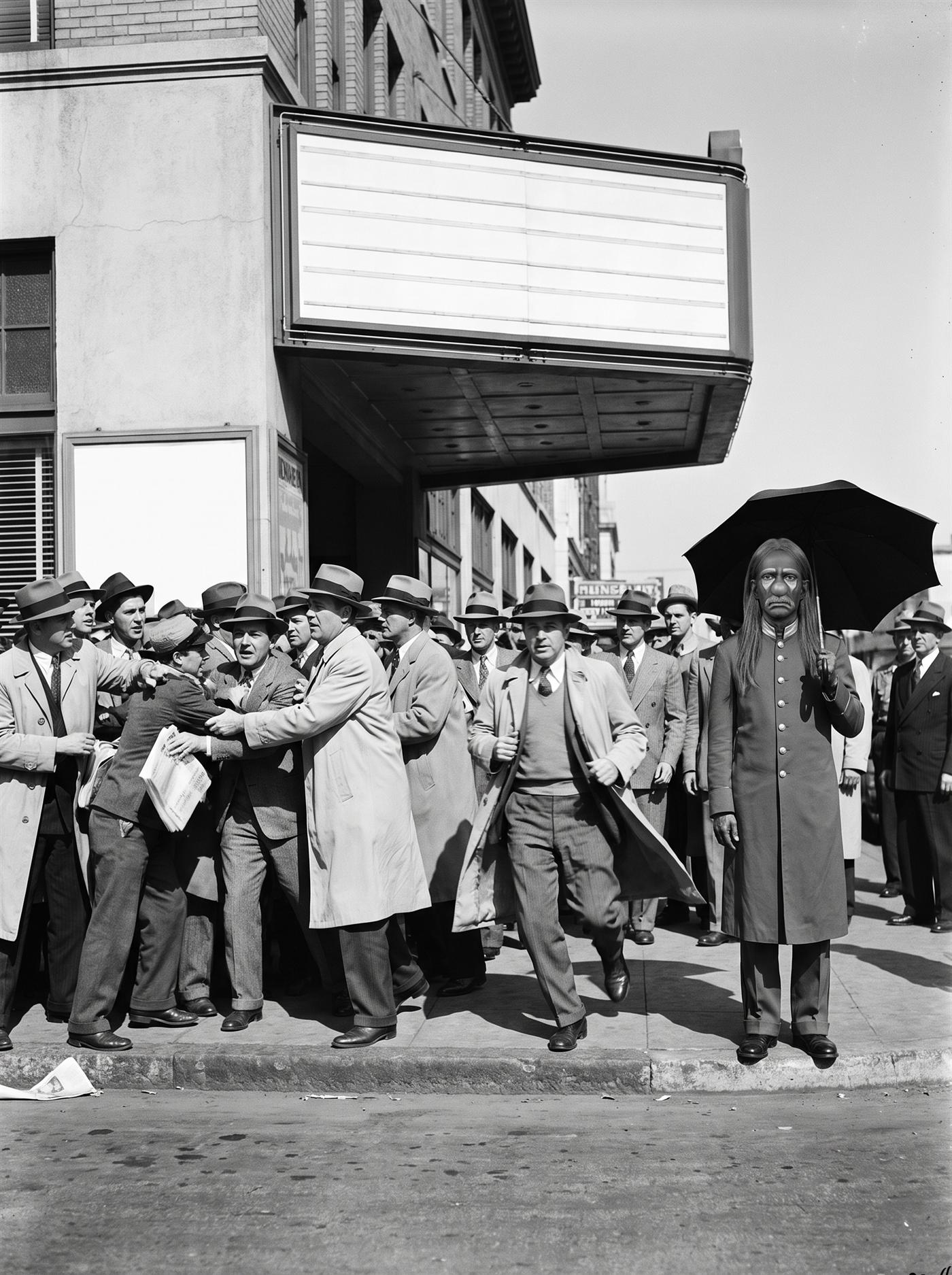 A black-and-white press photograph of a sidewalk outside a newsreel theater on a hard bright afternoon in May 1940. Under the blank marquee a crowd of men in hats presses around the theater's headline boards, agitated — one grips another's sleeve, one holds his hat to his chest, one has broken away and is running, caught mid-stride. The noon sky is cloudless, shadows sharp. Apart from them at the curb stands a lean long-haired man in full clown makeup with a mustache, down-angled painted brows, chevrons under the eyes and three painted raindrops on one cheekbone, in a buttoned military-collar coat — perfectly still, facing slightly away, his black umbrella open and resting on his shoulder under the cloudless sky. He is the only figure not moving, and the only one prepared for rain. Nobody looks at him.