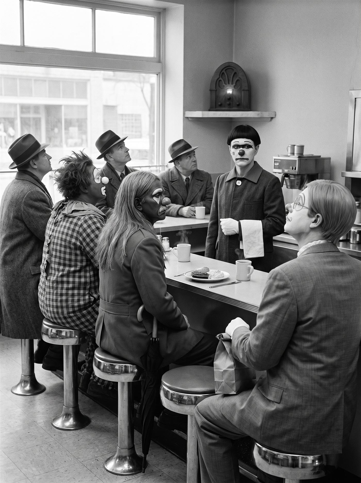 A black-and-white photograph of the inside of a small lunch counter on a grey December midday in 1941. On a high shelf behind the counter a wooden cathedral-arch radio glows faintly, and every face in the room is turned up toward it. Behind the counter, mid-frame, stands a lean clown in an ivory greasepaint base with a single dark brushstroke painted straight across both eyes, a bowl-cut wig and a pointed collar over a grey wool suit, a cloth over his forearm — the only figure not looking at the radio; he is looking at his customers. On the stools, backs to the camera: a heavyset clown with a wild mop of hair and a torn ruffled collar hunched over an untouched plate; a lean long-haired clown in a buttoned military-collar coat, a closed black umbrella hooked on the counter's edge beside him; and at the counter's far end a smaller man in a too-big grey suit and painted spectacle rings, a paper bag on his lap, both hands on it. Coffee steams untouched. Nobody eats.