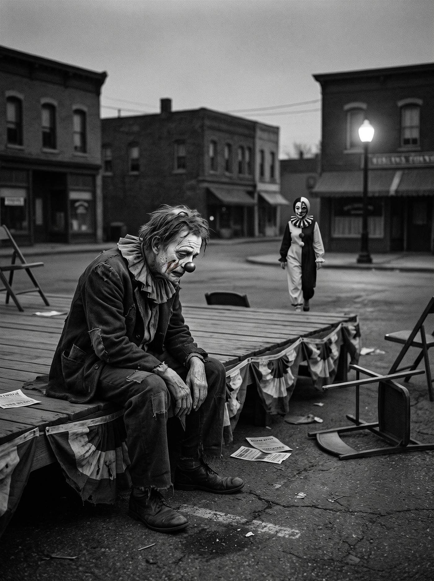 A black-and-white photograph of a small town square at dusk in April 1942, after a war-bond rally has ended. A low wooden platform stands empty, its bunting sagging, folding chairs knocked askew, papers on the ground. On the platform's edge sits a gaunt old clown, his pale makeup cracked and failing at the jaw, smudged crescents drooping under his eyes, a tarnished nose, a filthy torn ruff over a patched coat — elbows on knees, looking at the ground between his shoes. Across the square, at the far edge of the frame under the first lit streetlamp, a woman is arriving: her face is split down the center, one half pale and one half dark, in a pleated two-tone ruff, mid-step toward the platform. He has not seen her yet. The light in the square is the last of the day's; hers is the first of the night's.