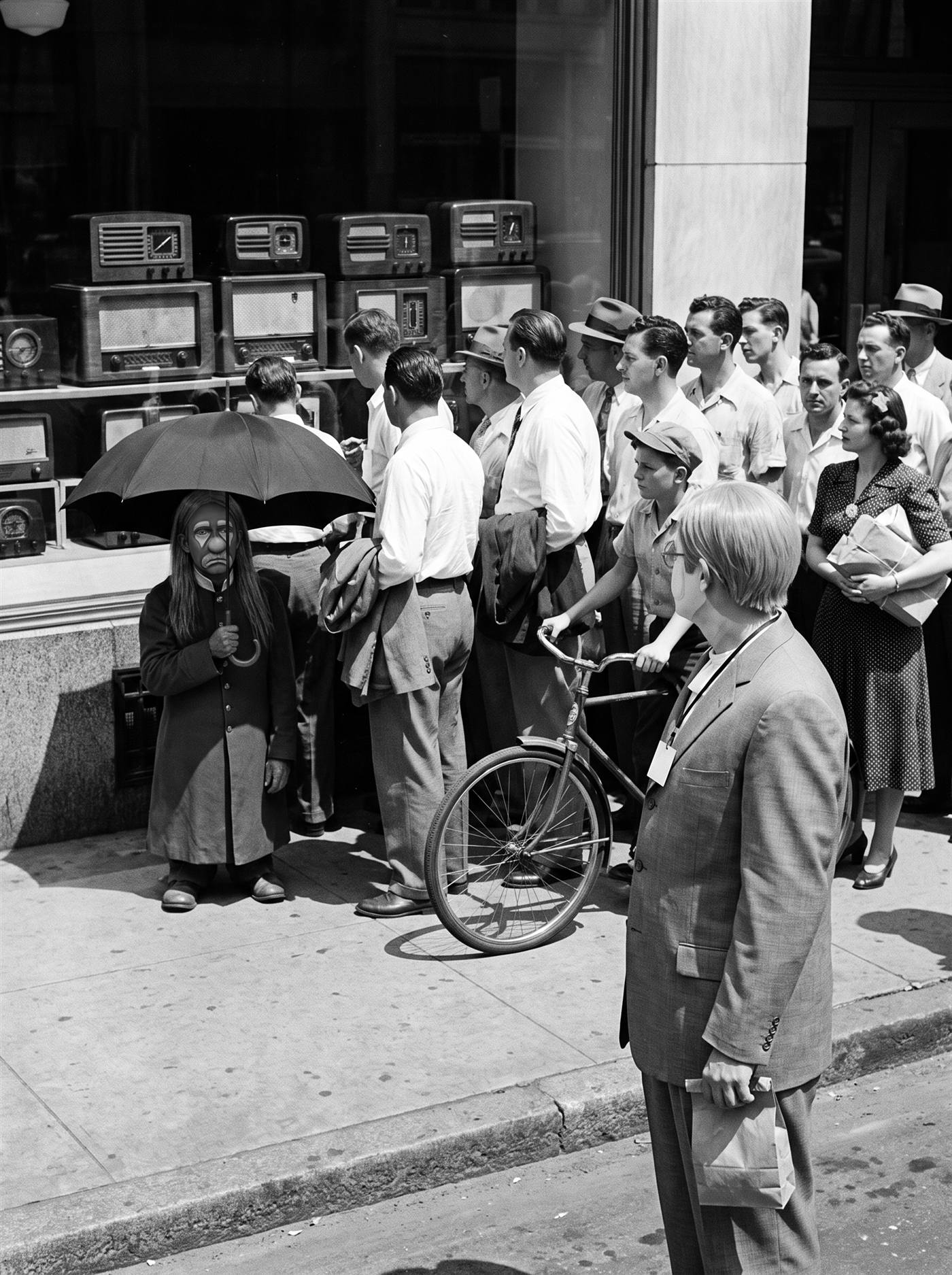 A black-and-white press photograph of a sidewalk outside an appliance store on a hot June Monday at noon in 1950. The store window is full of radio sets, and a crowd has stopped on the pavement to listen — men with jackets over their arms, a delivery boy holding his bicycle, a woman with parcels, all facing the glass, motionless in the heat. At the curb, apart from them, stands a lean long-haired clown with a mustache, painted chevrons under his eyes and raindrops on one cheekbone, in a buttoned military-collar coat, his black umbrella open and resting on his shoulder under the cloudless summer sky. At the edge of the crowd one figure has turned away from the window to look at him — a young man in a too-big grey suit and white clown makeup with rose-rimmed painted spectacles, holding a small paper bag at his waist. He is the only one who looks. The umbrella is ten years older, and open again.