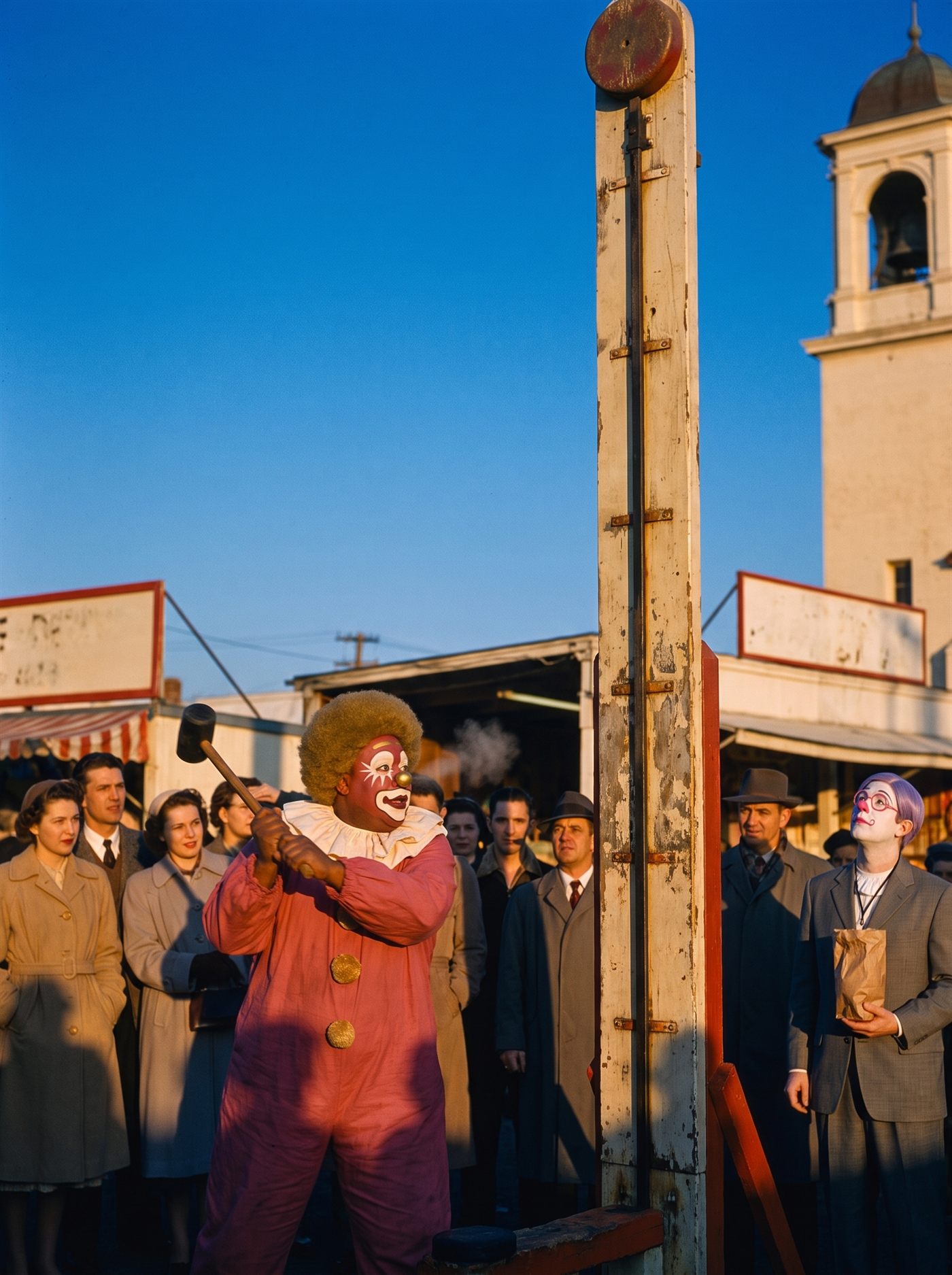 A warm Kodachrome photograph of a small-town fairground under a hard blue November sky in 1954, low golden light and long shadows, one breath of steam hanging in the cold air. At the center a tall weathered high-striker tower rises to its gong, its painted scale worn completely blank; beyond it stands a white church bell tower with its own bell. At the striker's base a heavyset clown in rose-magenta face paint — white starbursts around his eyes, a gold nose, a huge gold-brown afro, a rose costume with gold buttons — has the long mallet swung to the very top of its arc, the moment before it comes down, his eyes fixed on the puck. A crowd of men and women in fifties coats and hats watches the tower, not him. At the right, close to the post, a small clown in a too-big grey suit — painted rose spectacle rings, a lavender side-parted wig, a blank badge on a lanyard — holds his paper bag in both hands at his waist and looks up at the gong the mallet is about to ring.