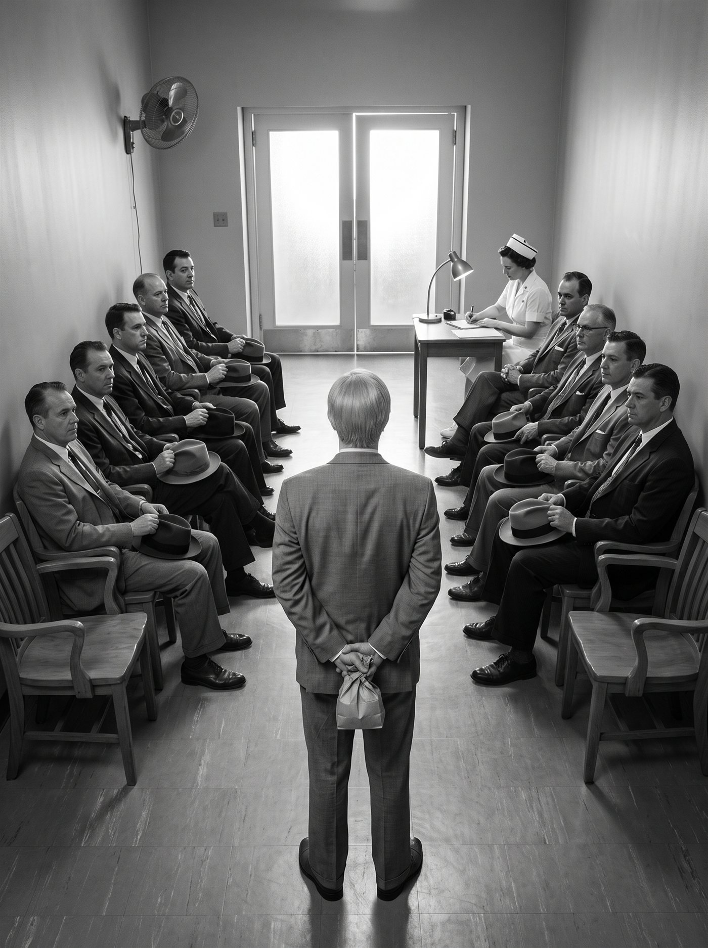 A black-and-white photograph of a hospital waiting room in September 1955. Rows of plain wooden chairs on polished linoleum hold a dozen men in business suits, every one holding his hat in his hands or on his knees, some leaning forward on their elbows, nobody speaking. At a small desk a nurse in a white cap writes in a ledger by a gooseneck lamp. At the far end of the room a pair of double doors with large frosted-glass panes glows from strong light on the other side, and every face is angled toward that glass. Standing at the very back behind the last row of chairs, seen from behind, stands a man in a too-big grey suit with a pale side-parted head of hair, facing the frosted doors like everyone else, his hands clasped behind his back holding a small paper sack.