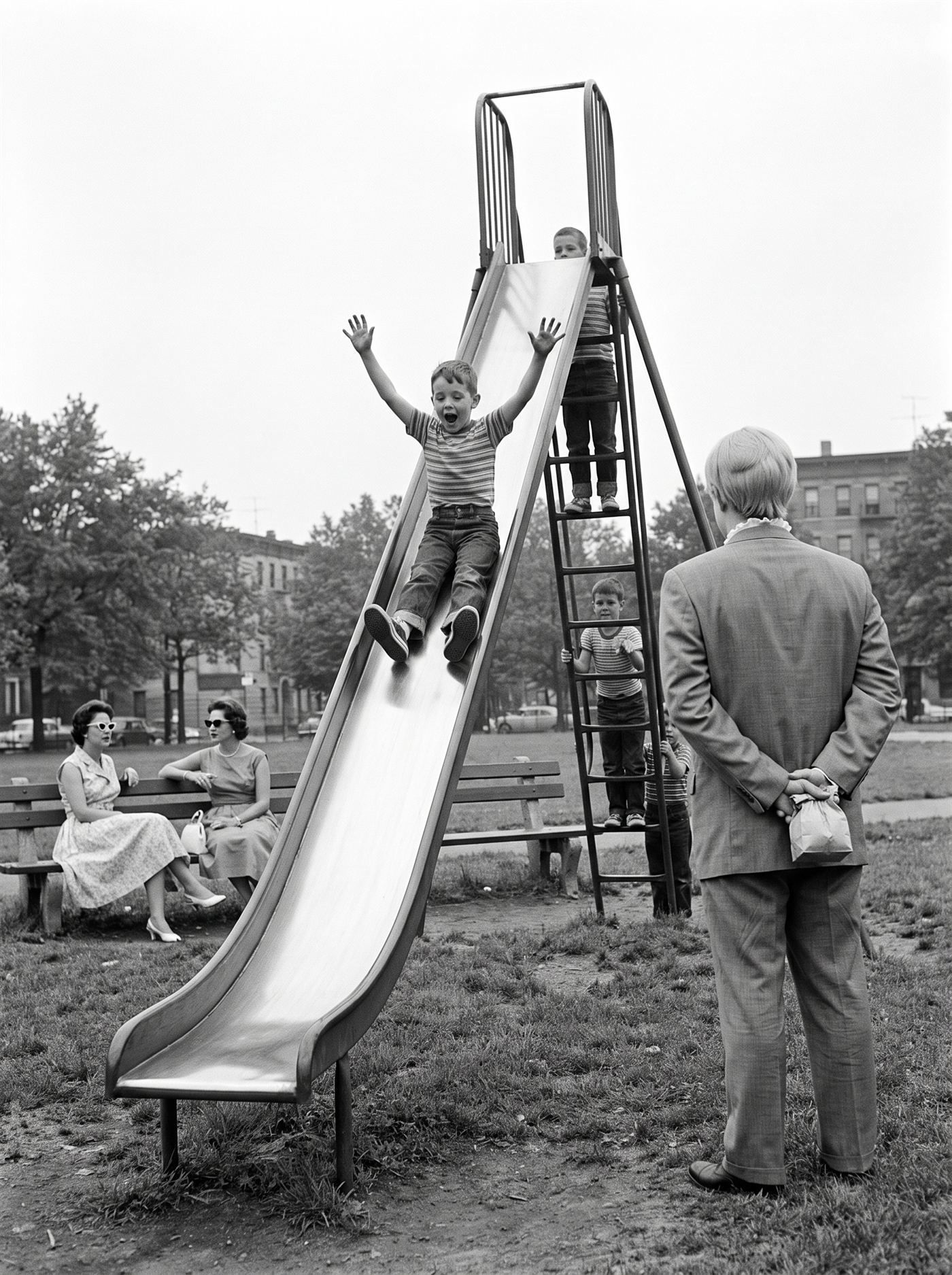 A black-and-white photograph of a city park playground on a bright hazy Monday in late May 1962. A tall steel municipal slide dominates the frame — high narrow ladder, small platform, long steep polished chute. A boy of about eight is midway down, caught mid-slide, arms thrown up, mouth open in a whoop. At the ladder a line of children waits and climbs, entirely unbothered; two mothers in cat-eye sunglasses talk on a bench, not watching. On the grass a respectful distance from the foot of the slide, seen from behind and perfectly still among the moving children, stands a man in a too-big grey suit with a pale side-parted head of hair, facing the boy coming down, his hands clasped behind his back holding a small paper sack.