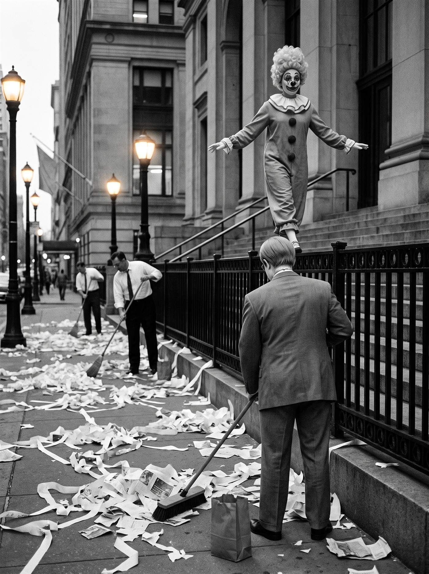A black-and-white photograph of a financial-district sidewalk at dusk in May 1962, the streetlamps just lit. Drifts of ticker tape and torn paper cover the pavement, and men in shirtsleeves sweep it into piles under the lamps. Along the top rail of an iron fence beside broad stone steps, a woman clown in a towering wig of pale tight curls, a ruffled collar and a pale costume walks like a wire-walker — arms out level, one foot exactly before the other, mid-stride, weightless, passing above all of it. Below her, nearest the camera, a man in a too-big grey suit sweeps his own small pile of tape, seen entirely from behind, a small paper bag standing closed at his feet. Nobody looks up.