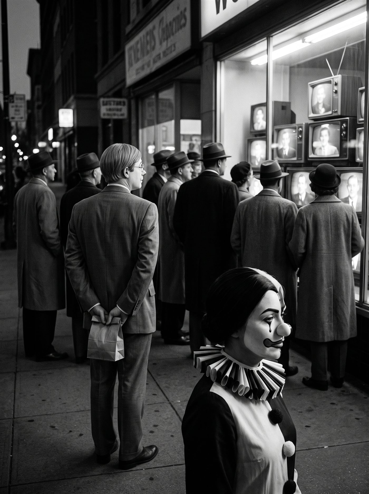 A black-and-white photograph of a city sidewalk at evening in October 1962, outside a shop window filled with television sets, every screen glowing with the same indistinct face. A small crowd stands close to the glass, coats buttoned, faces lit from below by the screens. In the foreground, nearer the camera and apart from the crowd, stands a woman in full clown makeup, her face split down the exact center — one half pale, one half dark, divided by a glossy seam, her mouth painted as a single wave that falls on the pale side and rises on the dark one — in a large pleated ruff of alternating panels. She is not watching the screens; she faces along the sidewalk, lit half by the television glow and half by the dark street. Behind her, mid-distance, a man in a too-big grey suit and white greasepaint with rose-rimmed painted spectacles has stopped mid-stride, turned halfway between the window and the woman, a small paper bag in both hands, plainly unable to decide which one to follow.