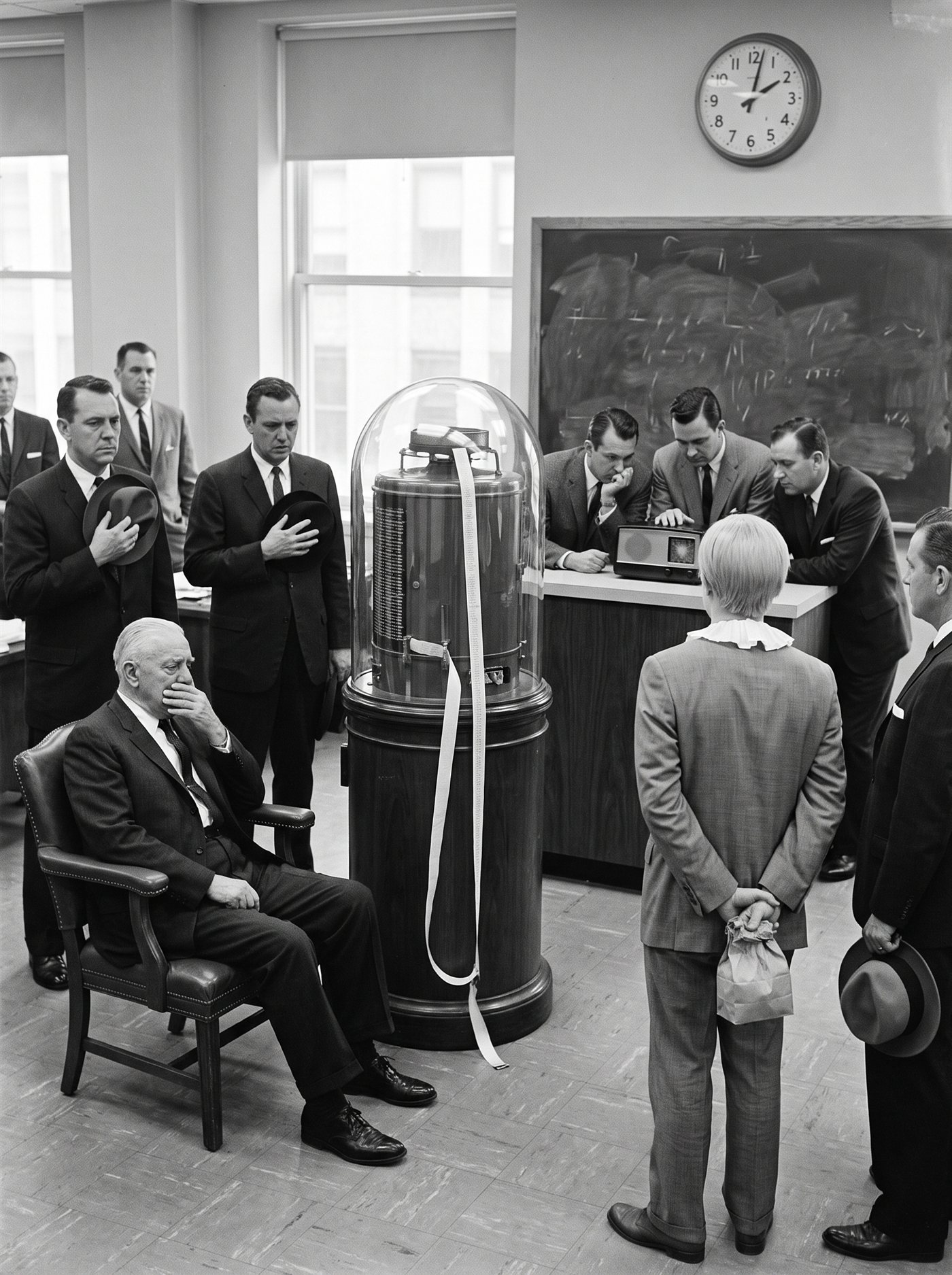 A black-and-white photograph of a brokerage customers' room on the afternoon of Friday, November 22, 1963, in the minute after the stock ticker was stopped. The ticker stands silent under its glass dome, its last strip of tape hanging motionless to the floor. Around it, men in dark suits and narrow ties stand completely still; two hold their hats against their chests; an older man sits heavily in a leather chair with his hand over his mouth; three men lean close over a small tabletop radio at the counter. At the back edge of the room, seen from behind and as still as everyone else, stands a man in a too-big grey suit with a pale side-parted head of hair, his hands clasped behind his back holding a small paper sack. Nobody moves; nobody finds him remarkable.