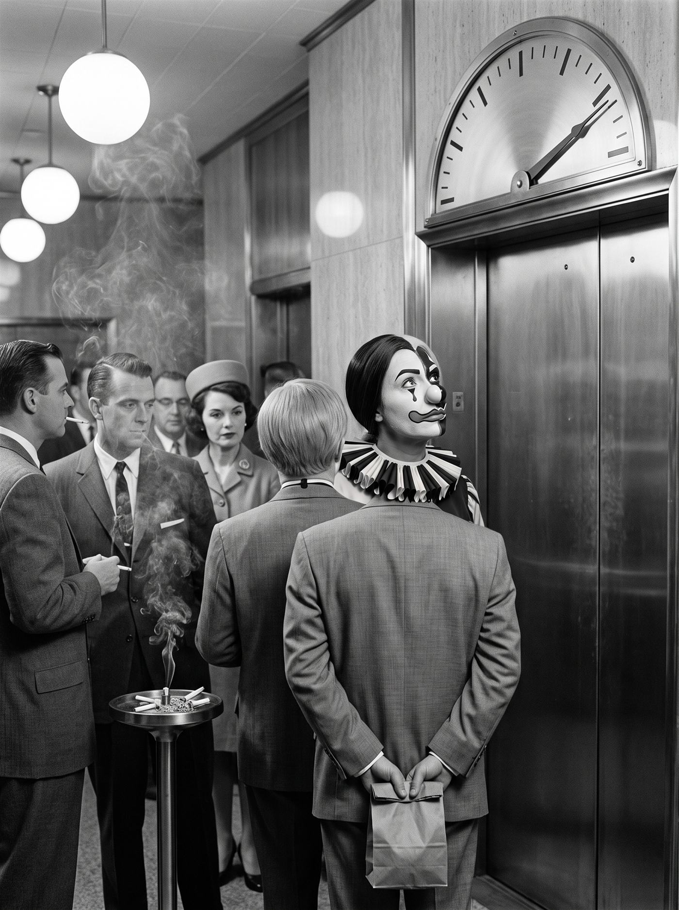 A black-and-white photograph of a mid-1960s office-tower elevator lobby — polished stone, globe lights, cigarette smoke hanging in the air. Above the brass elevator doors a great half-circle floor-indicator dial with blank tick marks holds its needle exactly one tick short of the final mark. Closest to the doors, a woman clown with her painted face split down the center — pale half and dark half, a wave mouth falling on one side and rising on the other, a two-tone ruff — looks up at the needle in three-quarter profile with the stillness of someone who already knows the car is not coming the rest of the way. Behind her wait office workers of 1966; among them, seen entirely from behind, a man in a too-big grey suit holds a small paper bag behind his back.