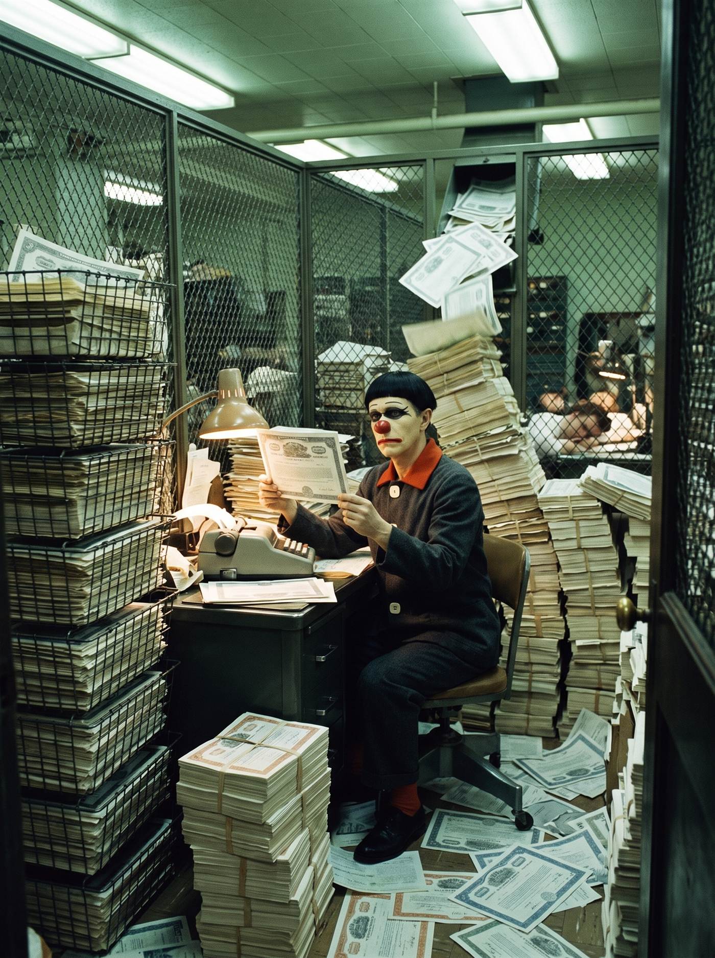 A color photograph on early Kodachrome of a brokerage back office late at night in 1968, lit by greenish fluorescent tubes. Stock certificates are everywhere in quantities past reason: wire baskets stacked over head height, brick-thick rubber-banded bundles rising in canyons on the desks, loose certificates drifted across the linoleum like leaves, full mail sacks slumped against the wire cage. At a small clerk's desk in the center sits a lean man in full clown makeup — ivory face, a single charcoal brushstroke across the eyes, vermilion nose, black bowl-cut wig — the only still thing in the room, holding one certificate up to a desk lamp with a level, unimpressed face. Behind him a delivery chute spills a fresh batch of paper toward the tallest stack, which leans. In the far background two exhausted young clerks sleep on bundles. Nobody looks at him.