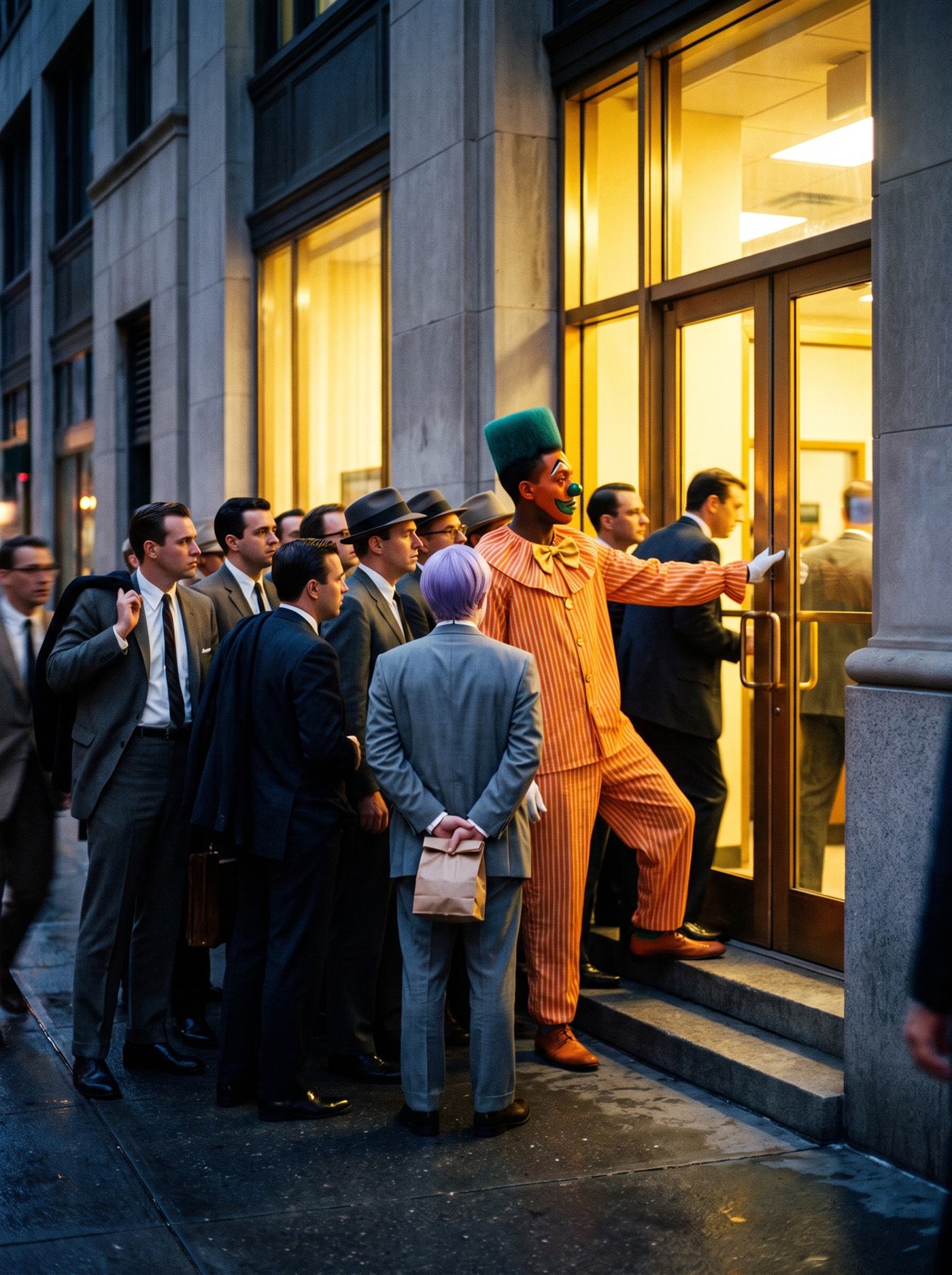 A color photograph of a brokerage office doorway on a city street at dusk in May 1970, the office windows blazing warm light while the street goes blue-dark. A crowd of men in 1970 suits presses up the steps toward the glass doors, coming back in after hours. At the front, one stride from the door, a tall lean clown in an orange-and-white pinstripe suit with a gold bow tie and a flat-topped teal wig holds the door with one arm flung wide toward the crowd behind him, his tangerine-painted face turned to the doorway — he does not look back. Several places back in the crowd a smaller man in a too-big grey suit and a tidy lavender wig follows, seen entirely from behind, a small paper bag clutched at his waist. Thirty-one years earlier the same two stood in the same arrangement at another door, in black and white.