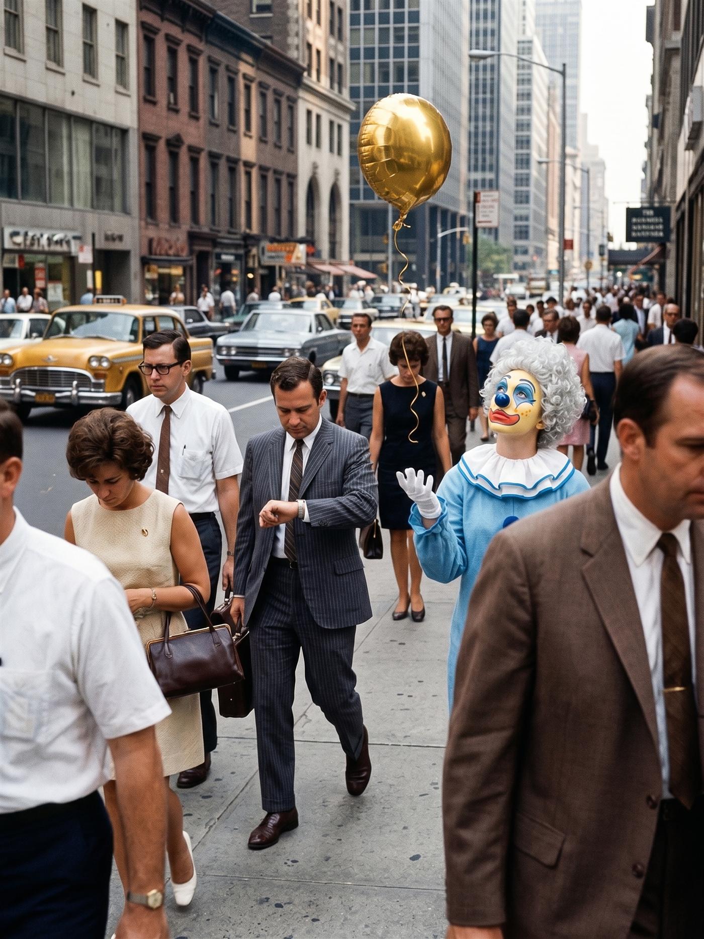 A Kodachrome street photograph of a Manhattan sidewalk on a hot morning in August 1971: commuters in suits and summer dresses stream past yellow Checker cabs. Among them a clown in a powder-blue costume with a white ruffled collar, a towering silver-white wig of curls, butter-yellow greasepaint and cerulean winged eyes stands still, face tilted up, one white-gloved hand just opened — a single gold balloon rising above the crowd, its string still curling. Beside her a man in a pinstripe suit checks his watch. Nobody looks up.