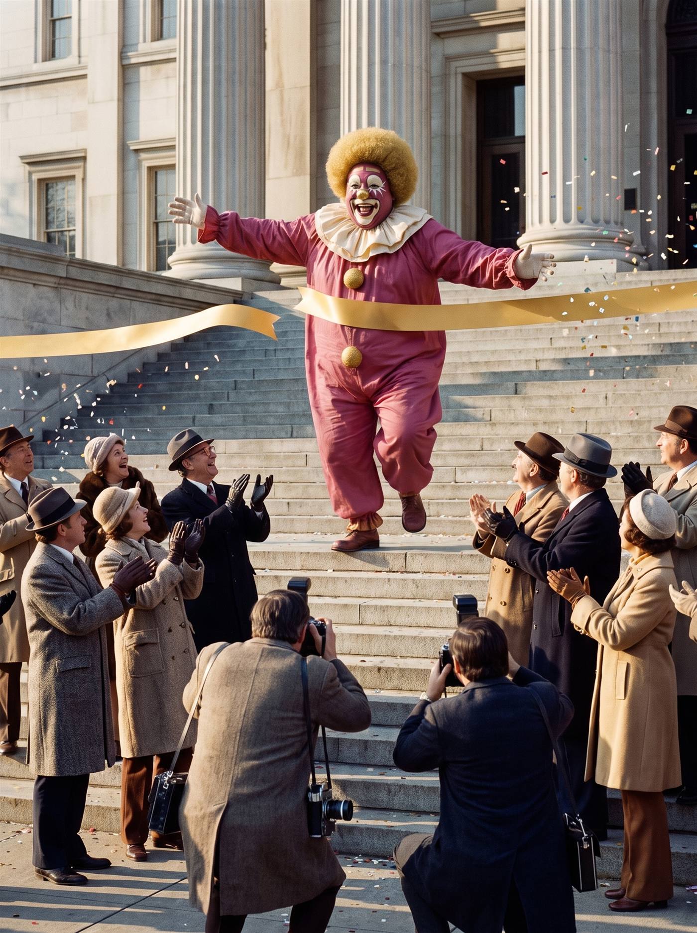 A color photograph on a bright cold November morning in 1972, at the top of a grand staircase before a columned building. An enormous clown in a rose costume with gold pom-pom buttons, a giant cream ruffled collar, a huge bright-gold afro, white starbursts painted around both eyes and a broken gold bar across his forehead has just burst through a wide gold ceremonial ribbon — mid-stride down the steps, arms flung wide, mid-laugh, the snapped ribbon streaming from his shoulders in two long tails, confetti in the air. Below, a crowd in overcoats and hats applauds; two press photographers crouch and aim their cameras up at him. It took six years to reach the ribbon.