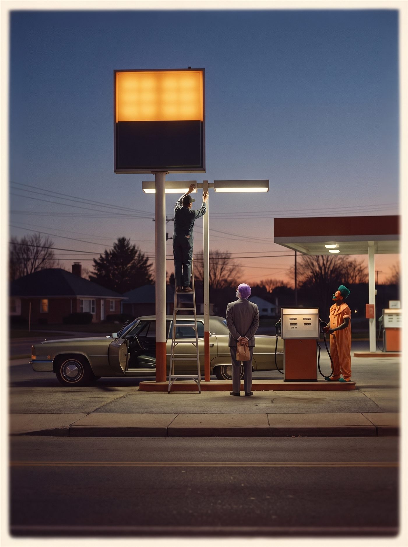 A faded color photograph, early-1970s film, of a suburban service station at dusk in late November. The station's tall illuminated sign is half-dark — an attendant stands on a stepladder against it, reaching up, partway through switching off or removing its lamps, so the top of the sign still glows weak amber while the bottom has already gone out. On the empty pump island below stands a man in a too-big grey suit and full white clown makeup with rose-pink painted spectacle rings, seen mostly from behind, perfectly still, watching the sign go dark — his hands clasped behind his back, a small brown paper bag held closed in them. At the far pump a long low sedan waits with its door open; beside it a tall lean clown in an orange pinstripe suit and a rectangular flat-top wig stands with the nozzle in his hand, looking not at the pump but up at the dying sign. The sky is the last orange of a cold evening. Nobody hurries.