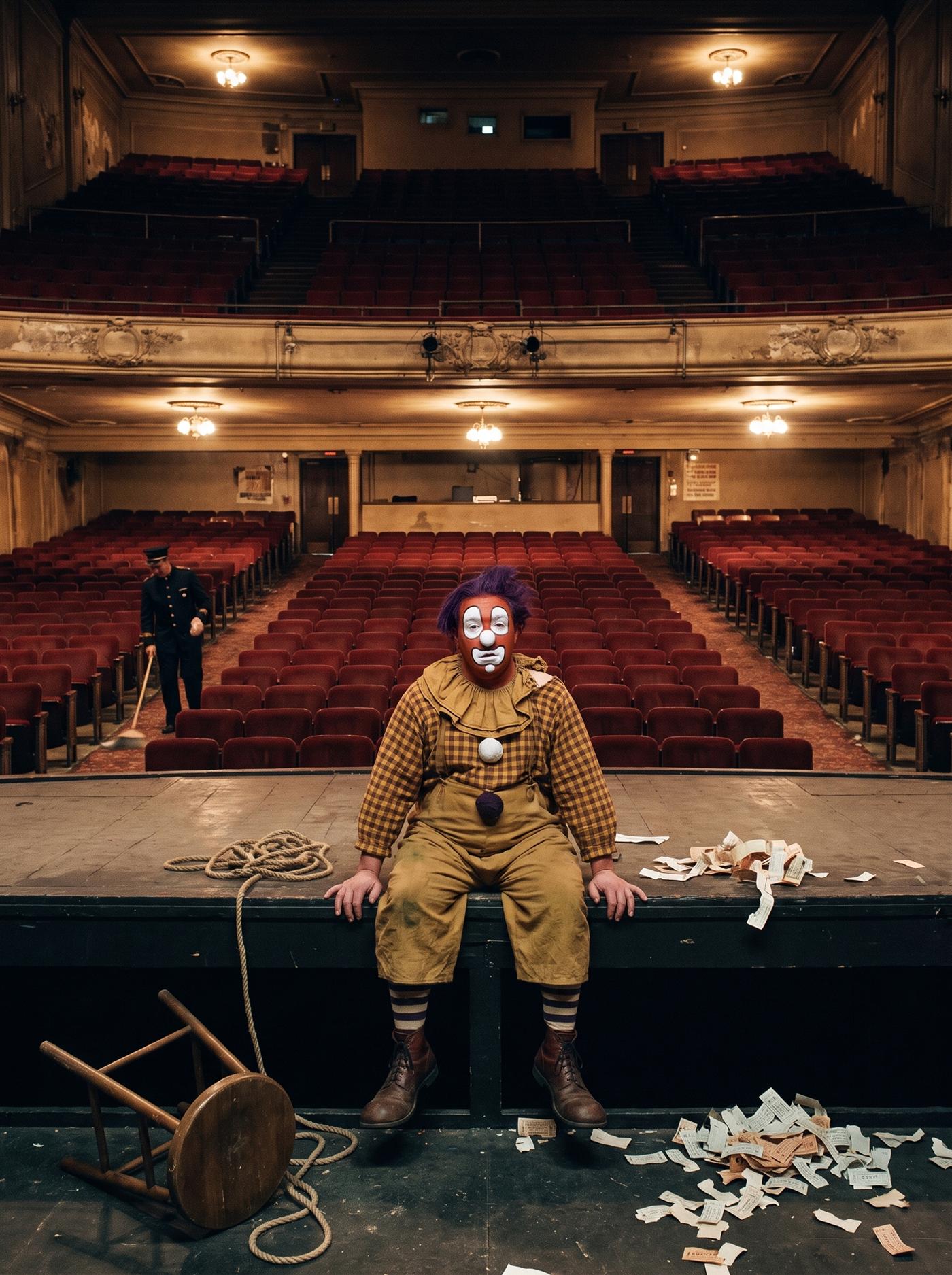 A muted color photograph from 1974 of the interior of a faded grand theater after the last show, house lights up. Rows of empty worn red-velvet seats recede into the gloom of the balcony. A heavyset clown in terracotta face paint with mismatched white eye patches, an astonished open-O mouth and a wild purple mop of hair sits alone on the front edge of the bare stage, legs hanging into the pit, shoulders down, his painted astonishment finally at rest. Around him lies the debris of a long engagement — a toppled stool, a coil of rope, swept drifts of torn tickets. His hands are braced on the stage lip, weight just shifted forward, the moment before he pushes himself up. Far up one aisle an usher sweeps between the rows without looking at the stage.