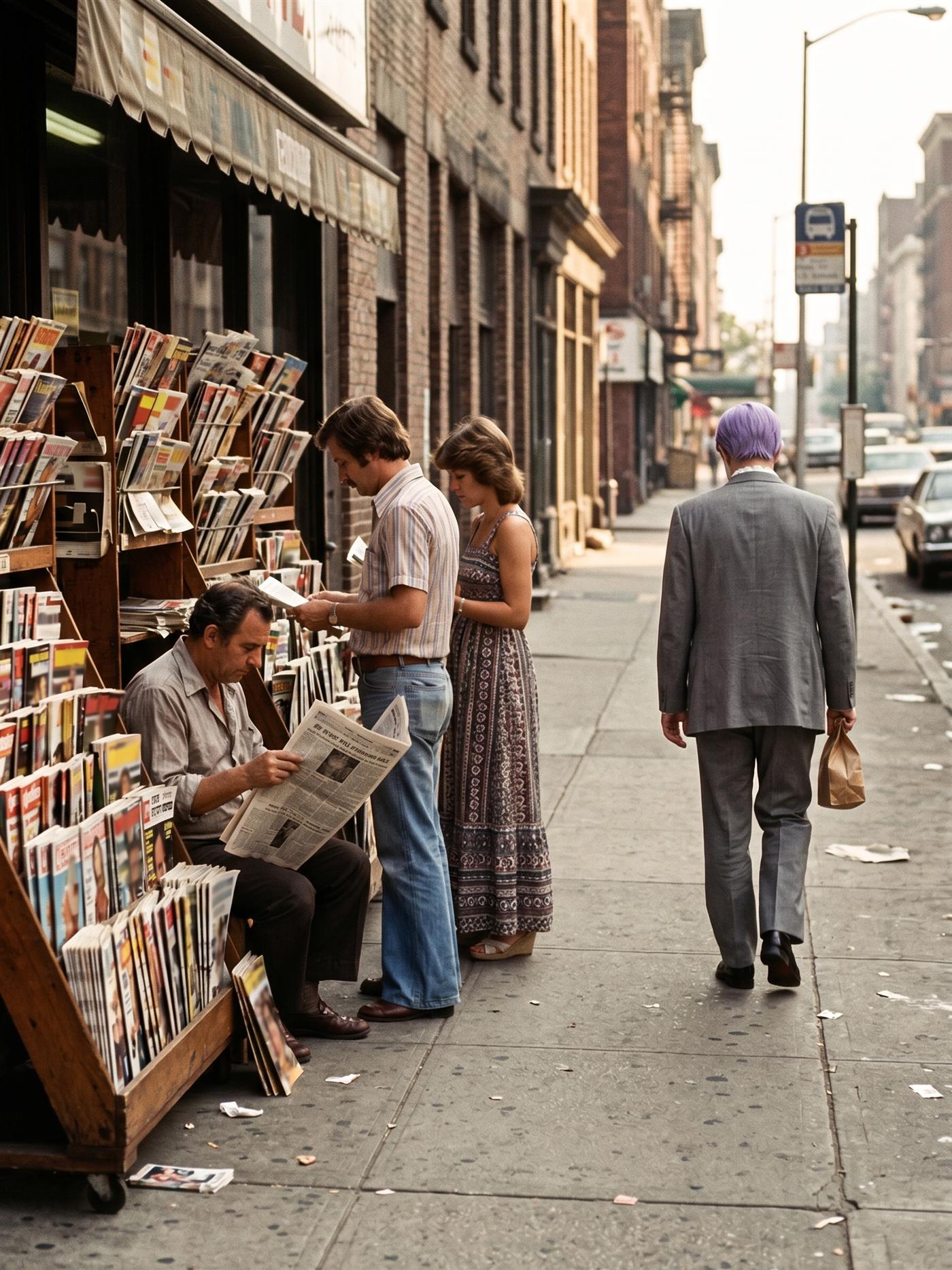 A 35mm Kodachrome street photograph, August 1979: a crowded wooden sidewalk newsstand in warm faded morning light — a vendor on a stool reading a paper, a man in a striped shirt and a woman in a long print dress browsing the racks, every magazine cover and headline reduced to illegible marks. Past them, small in the middle distance, a man in a grey suit half a size too big walks away down the long littered sidewalk with his back to the camera, head slightly bowed, lavender hair combed flat, a small brown paper bag carried at his side. Nobody looks up. Taken the day BusinessWeek's 'Death of Equities' cover reached the newsstand — the one photograph in this series where he is leaving.