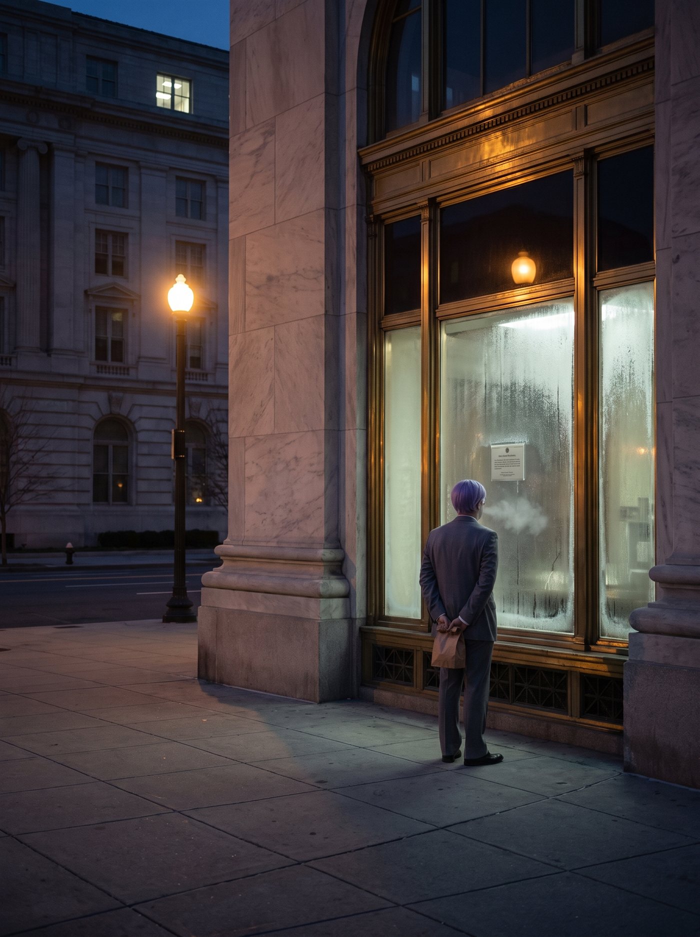 A 35mm Kodachrome photograph of a Washington street before dawn on a bitter November morning in 1979. A grand marble bank branch stands dark behind heavy columns, and the glass of its brass-framed door and tall window is frosted over from inside, a small official notice taped inside the glass at chest height, its lettering illegible through the frost. Far behind the roofline, one office window burns high in a pale government facade against the last-of-night sky. The street is empty; a streetlamp catches the frost. Alone on the sidewalk before the frozen door, seen from behind and small against the tall facade, stands a man in a too-big grey suit with lavender side-parted hair, perfectly still, his breath faint in the cold, his hands clasped behind his back holding a small brown paper bag.