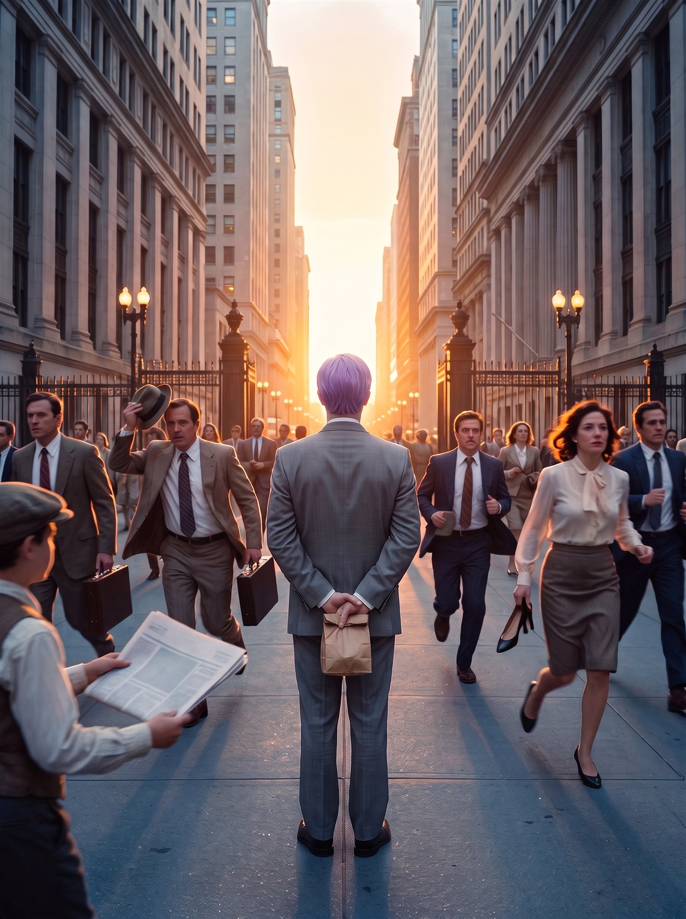 A photograph of a broad old city street at daybreak, the sky a glowing apricot-gold breaking between the buildings at the far end, long shadows toward the camera. At the far end the tall bronze gates of a grand exchange building are being swung open by a silhouetted gatekeeper. The street is waking into a run: men and women in early-1980s office clothes hurry toward the gates, several at an outright run, one man holding his hat, a woman running with her heels in her hand. In the near ground a newsboy holds out a blank morning paper. At the center, amid the runners and seen from behind, stands a man in full clown makeup and a grey suit a half size too big — tidy lavender side-parted hair — perfectly still while everyone streams past, his hands clasped behind his back holding a small brown paper bag.