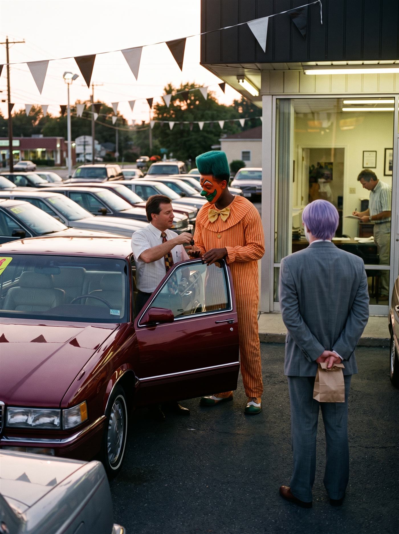 A color photograph of a gleaming car dealership lot at golden dusk in August 1987, plain triangular pennants strung overhead, rows of big late-eighties sedans catching the low sun. Front and center a salesman in shirtsleeves hands the keys of an enormous polished burgundy sedan, its driver's door open, to a tall lean clown in an orange-and-white pinstripe suit with a gold bow tie and a rectangular teal flat-top wig — his painted green smirk wide, one hand already on the car's roof, admiring the machine. A few paces behind, next in line at the office doorway, a smaller man in a too-big grey suit and tidy lavender wig waits, seen entirely from behind, a small paper bag held at his waist. In the lit office window another customer is signing papers.
