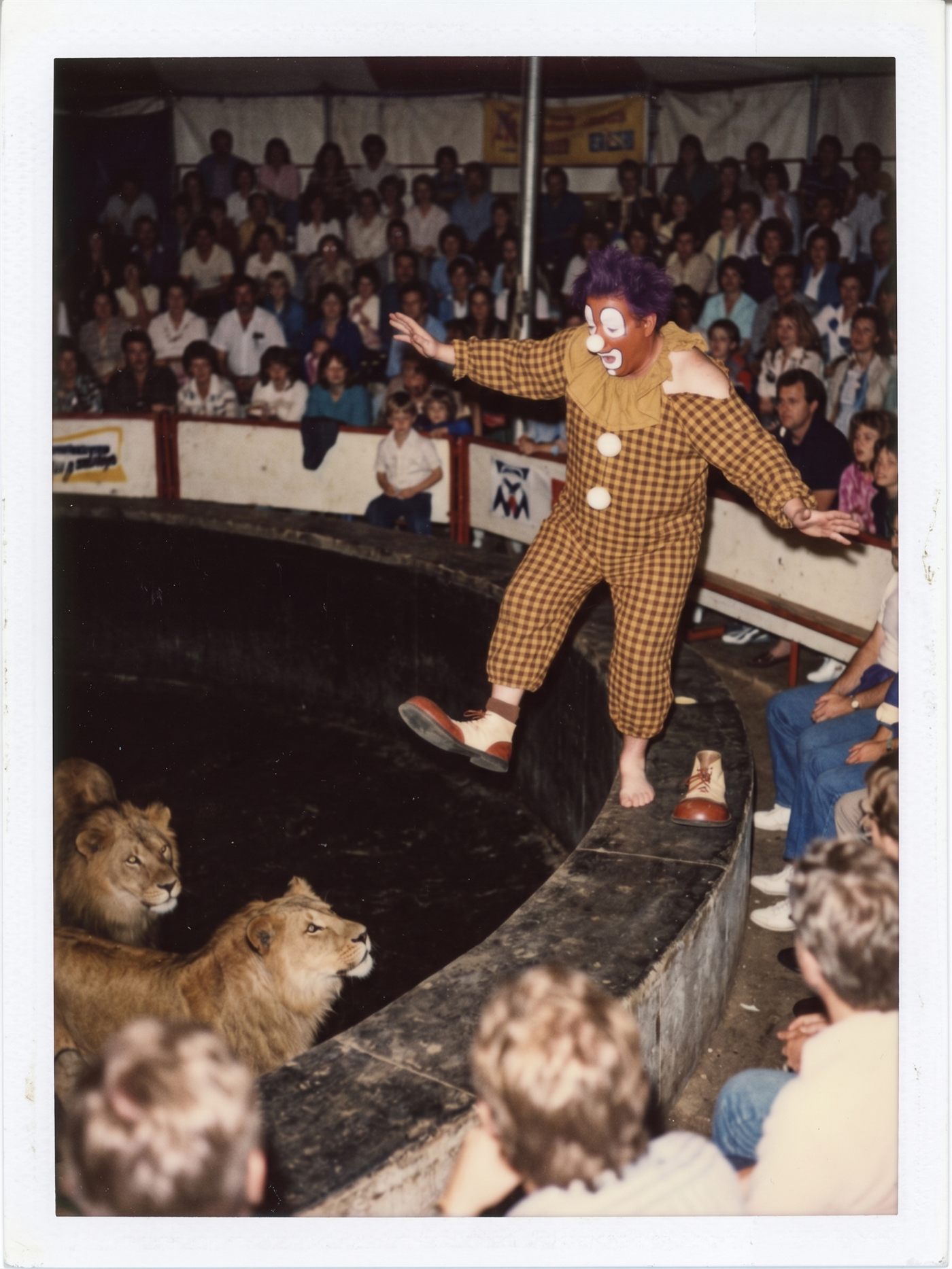 A flash Polaroid from October 1987 inside a packed circus tent: a heavyset clown in a brown gingham costume and tattered mustard ruffled collar teeters mid-stumble on the raised rim of the lion pit, arms pinwheeling, one oversized shoe already past the edge, the other foot bare — its lost shoe sitting on the rim behind him, ignored. Below, two lions look up with mild interest. The crowd in the stands has not yet understood what it is watching. Harsh direct flash, warm cheap color, a white Polaroid border.