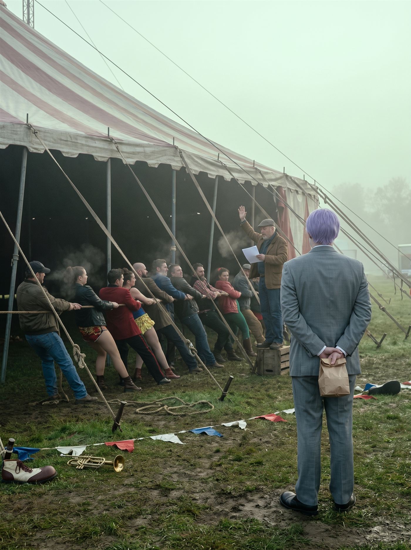 A photograph of a circus ground at first light on a cold October morning, the light a tender willow-green through thin mist. The big top has half-fallen — one side of the great striped canvas sags to the ground, poles leaning — but the raising is underway: a long line of circus crew, riggers and performers still in last night's costume under work jackets, all haul together on a heavy rope, leaning back in unison, the canvas visibly coming up. At the head of the line a foreman stands on a crate reading aloud from a single small blank sheet of paper, one hand raised. The grass is scattered with yesterday's debris — a bent trumpet, torn bunting, a single oversized shoe. In the near ground at the edge of the work, seen from behind, stands a man in full clown makeup and a grey suit a half size too big — tidy lavender side-parted hair — perfectly still while everyone else pulls, his hands clasped behind his back holding a small brown paper bag.