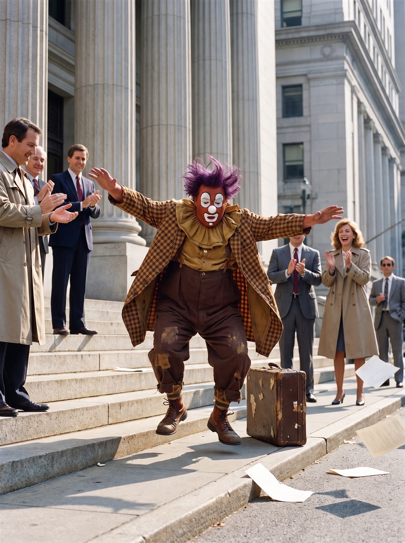 A color photograph on a bright wind-scoured October afternoon in 1987, at the foot of broad stone steps before a grand columned building. A heavyset clown in a terracotta-painted face with big mismatched white eye patches, a wild purple mop of hair and a torn mustard ruffled collar has just landed on his feet — knees deeply bent, arms flung wide, hair and coat-tails still flying upward with arrested momentum — his astonished painted open-O mouth aimed down at his own feet in disbelief that they are under him. A battered brown suitcase stands upright and intact beside him. Around him, office workers in trench coats have stopped mid-stride; several are applauding; a woman laughs with a hand at her mouth. Loose blank papers blow along the gutter from the days before.
