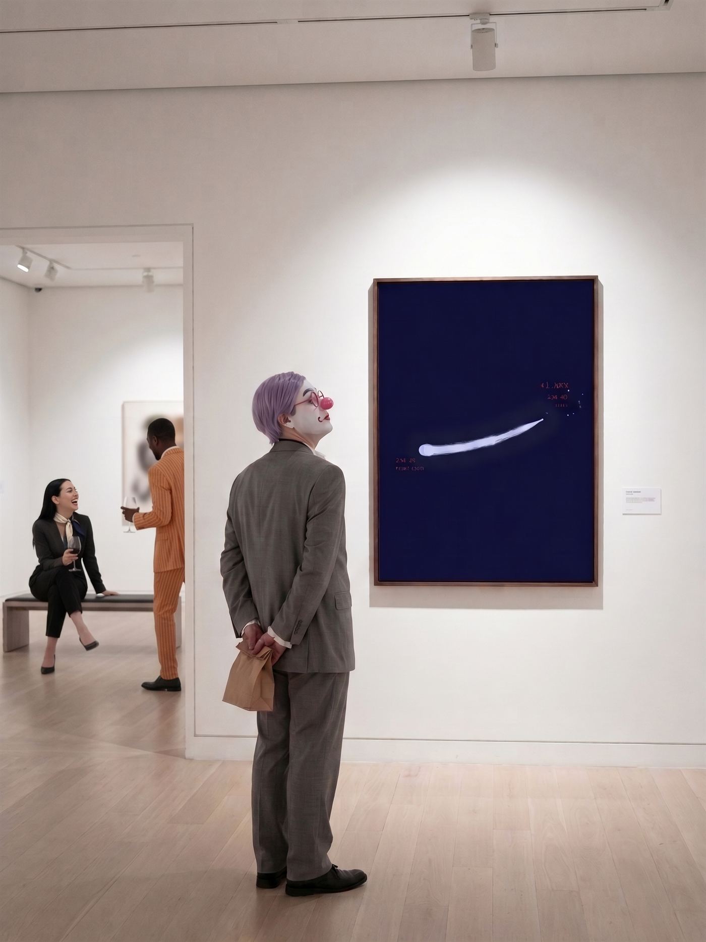 A quiet contemporary art gallery in the evening: high white walls, pale wood floor, a single spotlight. On the wall hangs a large dark-framed painting — a deep video-blue field crossed by one pale rising brushstroke with small illegible numerals in its corners: this very page's artwork, the night gesture of December 9, 1987, hanging inside its own photograph. Before it, seen from behind, stands a man in his early thirties in full clown makeup — white base, a flat rose-pink ring painted around his eye, glossy pink nose, tidy lavender side-parted hair, a grey suit half a size too big — head tilted up at the painting, a small brown paper bag held closed in both hands behind his back, the way people stand in museums. In the neighboring room two other clowns in light, almost-bare makeup — a woman with an amber line down her forehead and an indigo flame at her brow, laughing on a bench with a glass of red wine, and a man in an orange pinstripe suit seen from behind — are absorbed in a different artwork and each other, having a wonderful evening. Neither looks at him. Nobody looks at him. He is looking at the day.