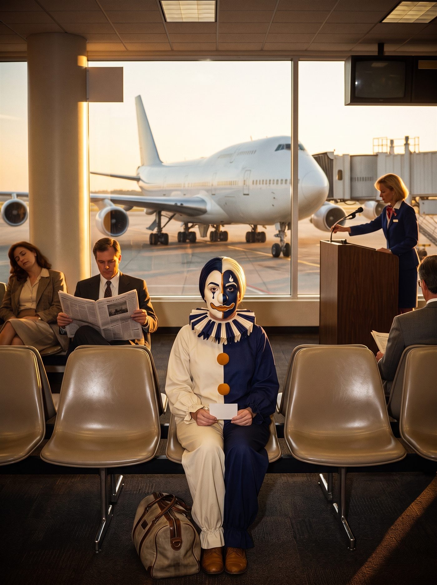 A late-1980s flash snapshot on Kodachrome of an airport departure lounge at golden hour. Rows of molded vinyl seats under fluorescent panels; low sunset light comes hard through the window wall. A woman in full clown makeup sits alone and perfectly upright in the middle of a row, her face split vertically — one half wax-cream, one half midnight indigo, divided by an amber seam — with the window light striking exactly along the split, the cream half catching sun, the indigo half in shadow. She holds a small blank card; an overnight bag sits at her feet. Through the glass behind her a widebody jet stands at the bridge, unboarded, its cabin dark. A businessman still reads his paper, a woman dozes, and a gate agent is caught mid-reach for the microphone. Nobody looks at her.