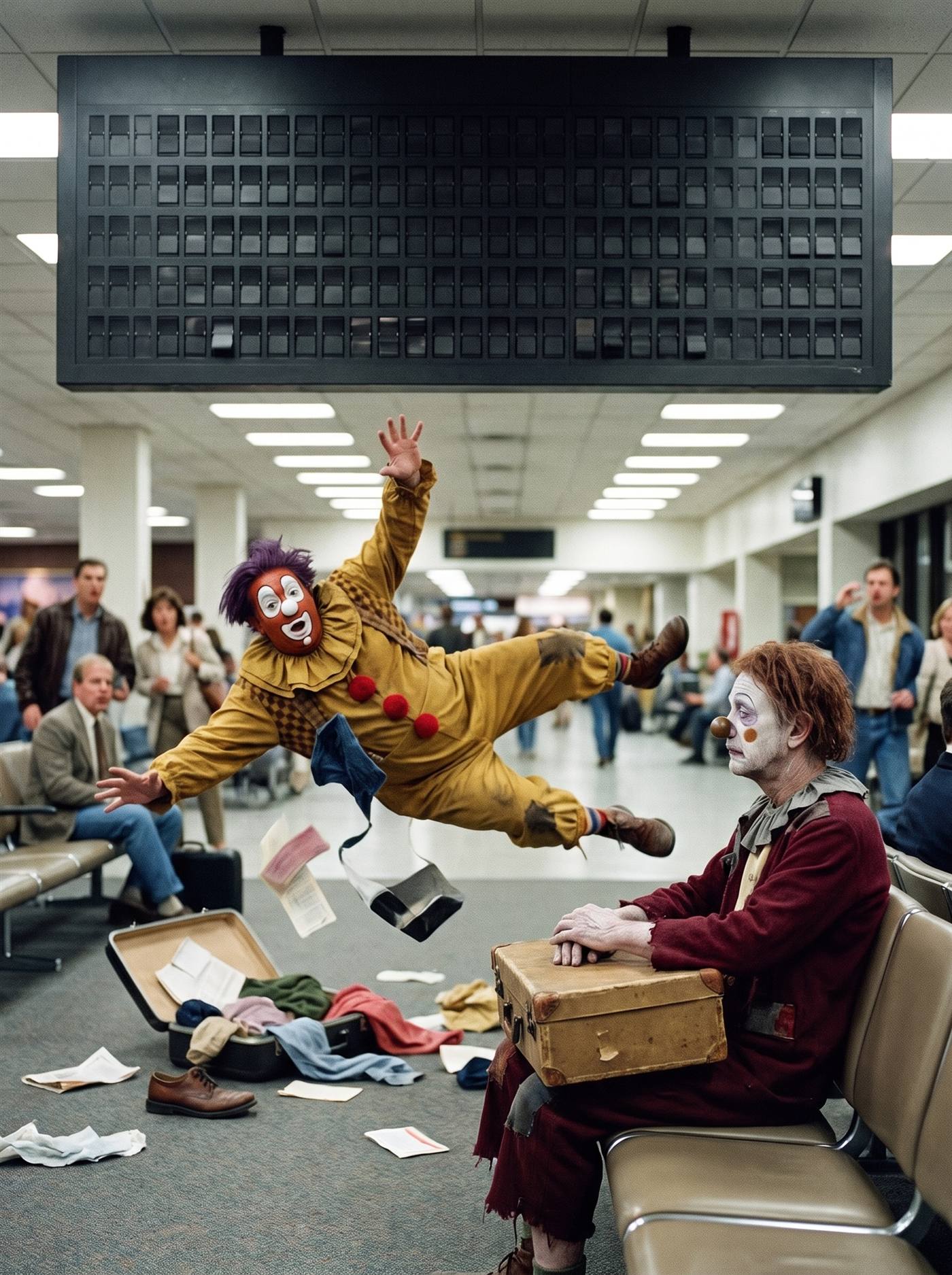A color photograph in the flat fluorescent light of an airport concourse in August 1990. Waiting passengers slump in rows of vinyl seats amid duffel bags; a blank departures board hangs overhead. In the middle of the concourse a heavyset clown in a terracotta-red painted face with mismatched white eye patches and a wild purple mop of hair is caught at the exact top of a spectacular fall — feet swept forward, body horizontal in the air above the polished floor, an open suitcase's contents fanning out around him, his astonished round mouth a perfect O. Nobody has reached him yet; several passengers are half-risen. At the end of a bench nearest the camera sits a gaunt old clown with cracked ash-white makeup, a tarnished nose and a ruined ruff, an old cardboard suitcase between his shoes — the only person not surprised, watching the fall with the patience of a man who has seen every landing there is.