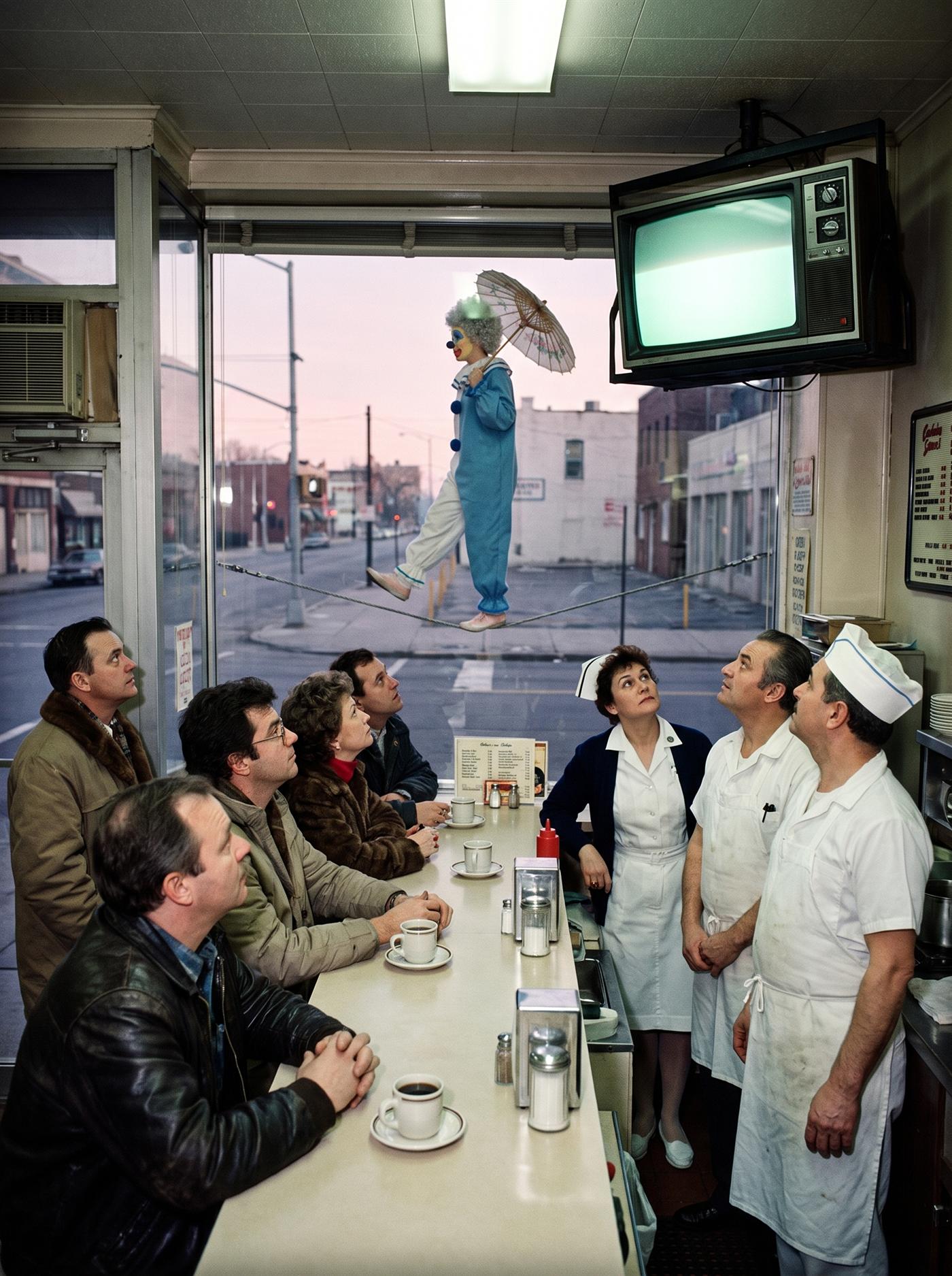 A flash-lit Kodachrome photograph inside a crowded city diner just before sunrise in January 1991. Every face at the counter and in the booths — a cabbie, a night nurse, two cooks out of the kitchen — is turned up toward a corner television whose screen is only a cold green-white glow; coffee cups sit full and forgotten. Behind them, through the long plate-glass window, a pale rose dawn over an empty street — and strung across the window on a cable above the street, a clown with a gymnast's build walks the wire mid-stride: butter-yellow face with cerulean wing-shaped eye patches, a towering silver-white wig of curls catching the first direct sunlight, a small parasol open on her shoulder. Her lifted foot has not yet come down. Not one person in the diner sees her.