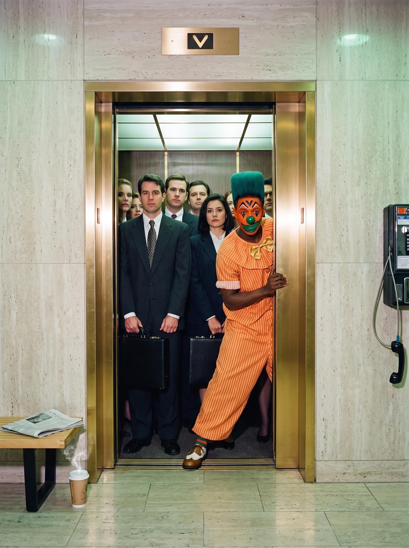 A flash-lit mid-1990s photograph of an office-tower elevator lobby: polished stone, brass doors, fluorescent light. One car stands packed completely full of people in dark business suits, briefcases to chests, faces forward and neutral, its doors more than half closed. Squeezing in last, sideways, is a lean clown with a tangerine-orange painted face that stops at the jawline, black chevrons over the eyes, an emerald smirk, a huge rectangular teal flat-top wig, an orange pinstripe suit with its gold bow tie hanging undone — one arm through the narrowing gap, one shoe still on the lobby floor. Above the doors a single plain downward chevron is lit. Behind him the lobby holds just-abandoned things: a dropped newspaper, a steaming coffee cup on the floor, a pay phone hanging off its hook. The doors are an instant from meeting. Nobody in the car looks at him.