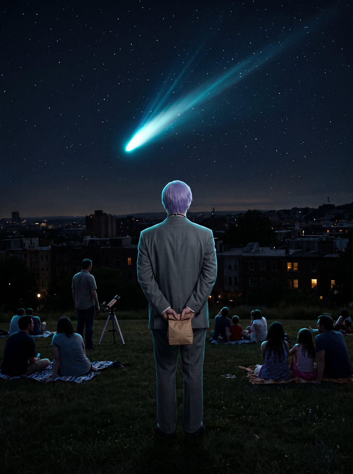A photograph of a grassy hillside above a city on a clear summer night. The sky is deep navy and full of stars, and crossing it is a brilliant comet — a bright head with a long cyan-white tail, the one blue-green light in the whole sky. On the hillside, scattered groups look up: families on blankets, a man at a small telescope, kids pointing, a couple lying back in the grass. Below the hill the old city's skyline lies dark and low, only a few windows lit, unbothered. In the near ground, among the blanket parties and seen from behind, stands a man in full clown makeup and a grey suit a half size too big — tidy lavender side-parted hair — perfectly still amid the seated crowd, facing the comet, his hands clasped behind his back holding a small brown paper bag.