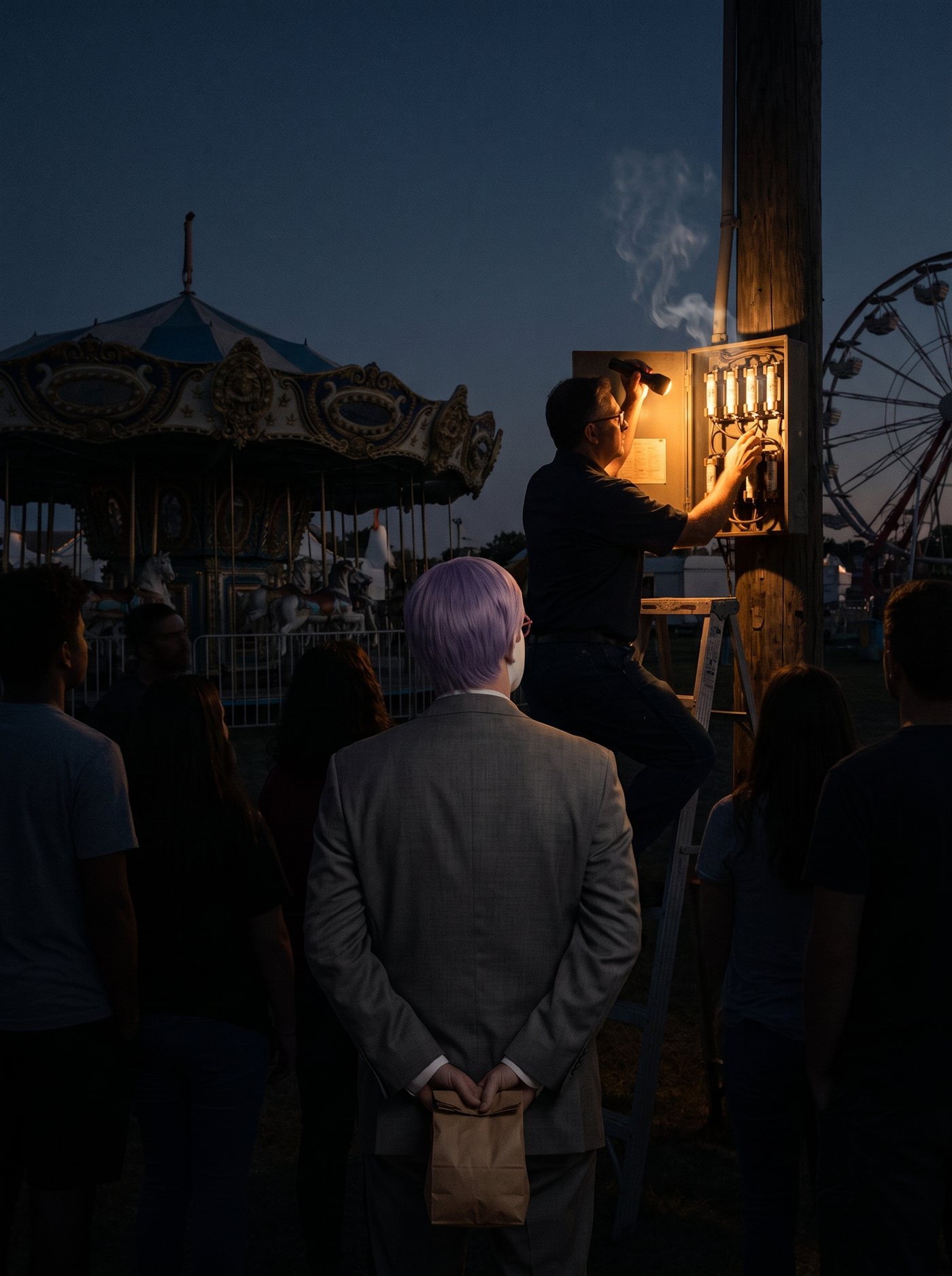 A photograph of a fairground midway in the evening at the moment after the power has tripped. The entire midway is suddenly dark — every string of bulbs dead, every ride stopped mid-motion, a carousel frozen, the silhouettes of stalls and a distant wheel against the last deep-blue dusk. The crowd stands stilled, faces turned toward the one light in the frame: at a wooden power pole, an electrician on a step stool has the door of an old bakelite fuse panel open and inspects it by flashlight — a single pool of warm scorched-amber light, a thin wisp of smoke rising from the panel. In the near ground, among the stilled silhouettes and seen from behind, stands a man in full clown makeup and a grey suit a half size too big — tidy lavender side-parted hair — perfectly still, his hands clasped behind his back holding a small brown paper bag.