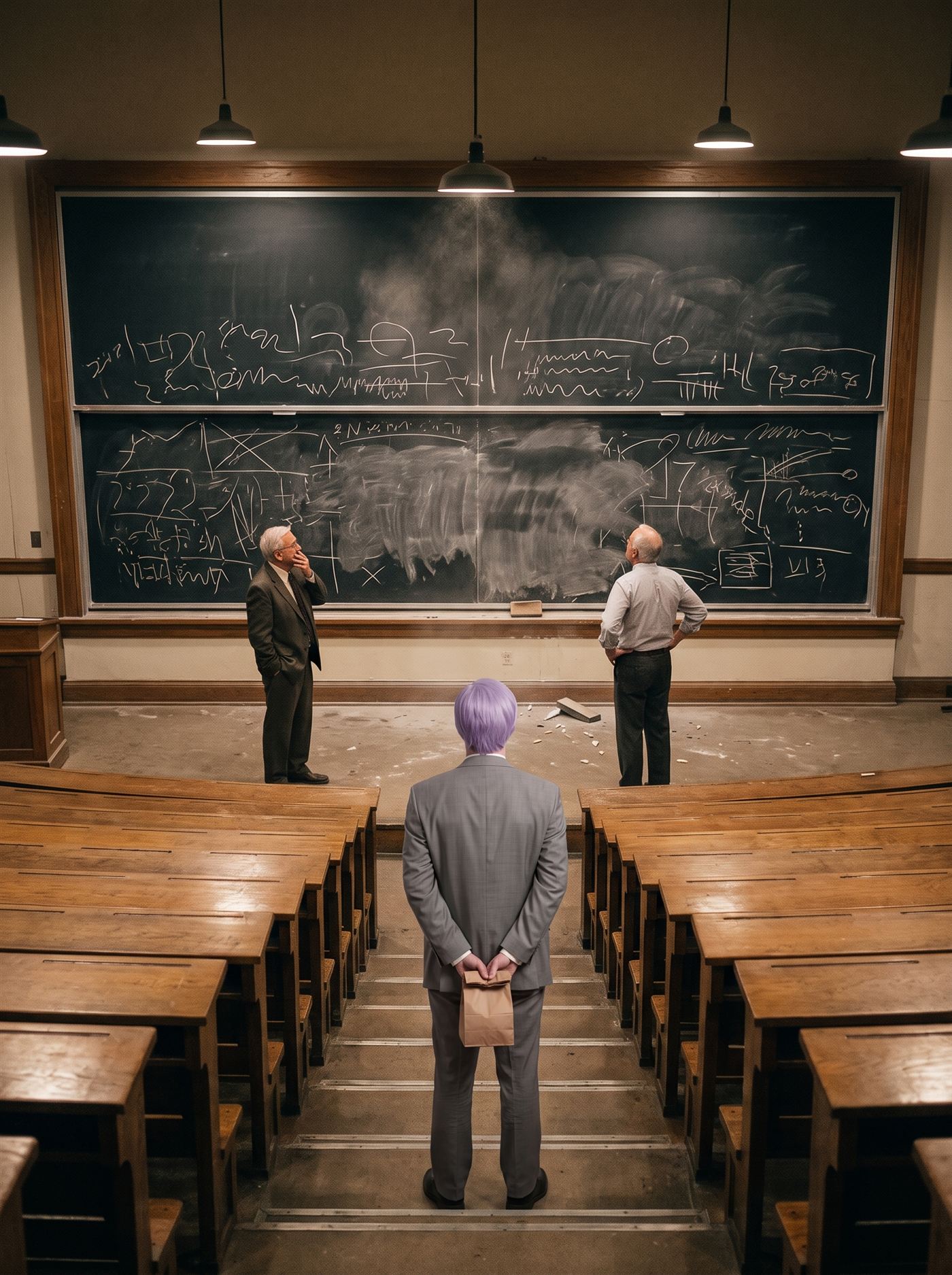 A photograph of a grand old university lecture theater at night, lit by a few hanging lamps, tiers of empty wooden benches descending to the front. The entire front wall is one enormous slate blackboard covered edge to edge in dense chalk work — long derivations and curves, all of it illegible abstract marks — with a large section in the center violently half-erased, chalk dust smeared in wide arcs, an eraser and broken chalk on the floor beneath. At the front two distinguished older men stand looking up at the erased center, one with a hand over his mouth, the other with both hands on his hips. On the center steps of the aisle, above the empty tiers and seen from behind, stands a man in full clown makeup and a grey suit a half size too big — tidy lavender side-parted hair — perfectly still, his hands clasped behind his back holding a small brown paper bag.