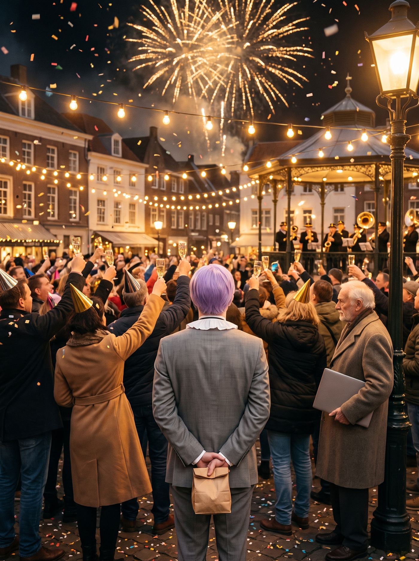 A photograph of a town square at the stroke of midnight on the last night of 1999. Strings of warm golden bulbs cross overhead; the first fireworks open gold above the rooftops; confetti is in the air. The square is full of celebrating people in winter coats, nearly every arm raised with a glass of champagne, faces up toward the fireworks, mid-cheer. Near a lamppost an old man in a good coat looks with quiet satisfaction at a plain closed laptop tucked under his arm. At the center of the near ground, amid the raised glasses and seen from behind, stands a man in full clown makeup and a grey suit a half size too big — tidy lavender side-parted hair — perfectly still, holding no glass, his hands clasped behind his back holding a small brown paper bag.