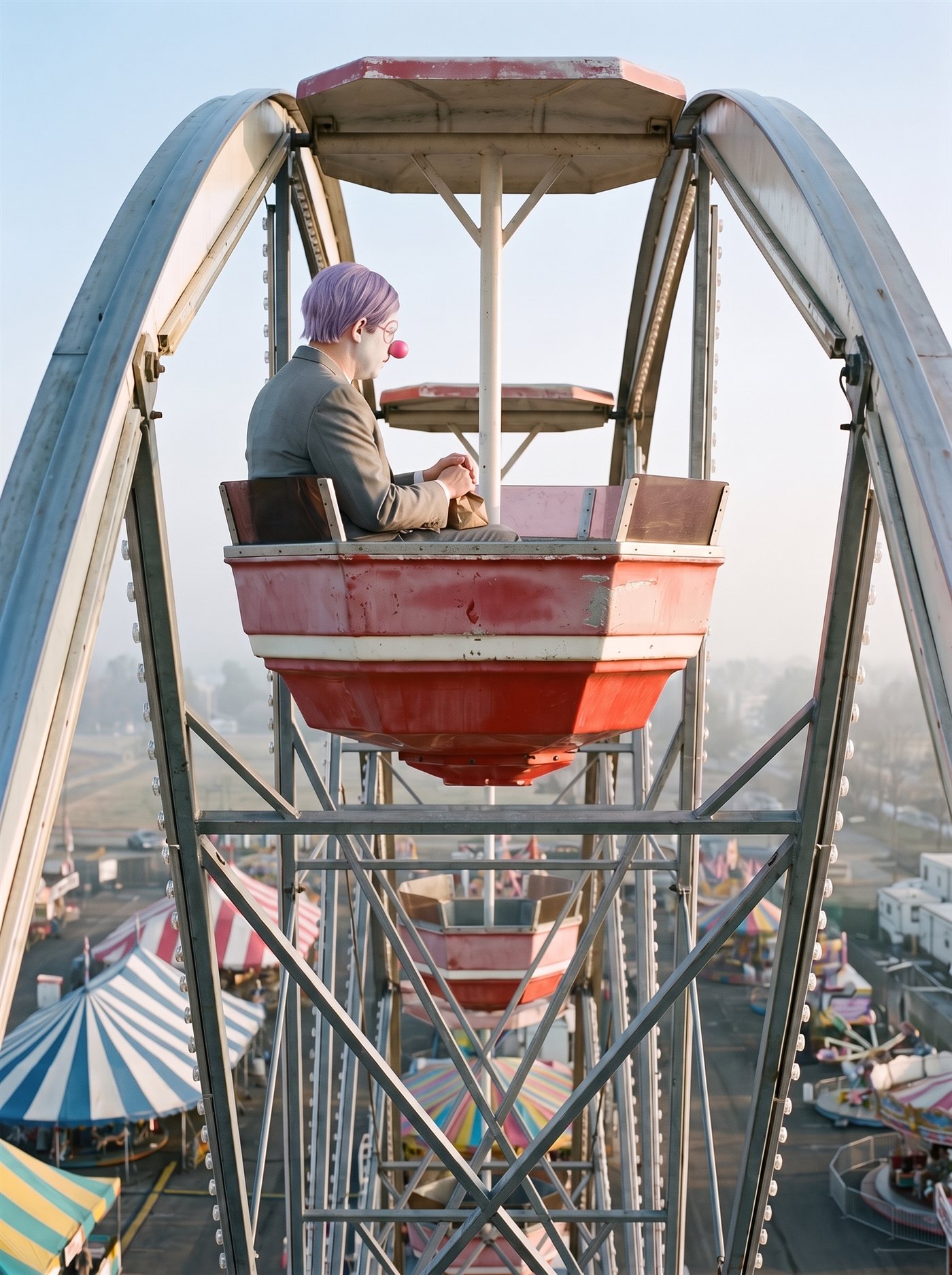A photograph taken from just below the top of an enormous stopped ferris wheel on a brilliantly clear late-winter morning, the sky a thin pale blue-white. In the highest gondola, small against all that sky, sits a man in full clown makeup and a grey suit a half size too big — tidy lavender side-parted hair — perfectly still, facing out over the drop, a small brown paper bag held closed in his lap. Far below, the fairground spreads out tiny and complete: striped tents, the midway, the little world, morning haze to the horizon. No one is visible in any other car. The great steel spokes converge down toward the distant hub.